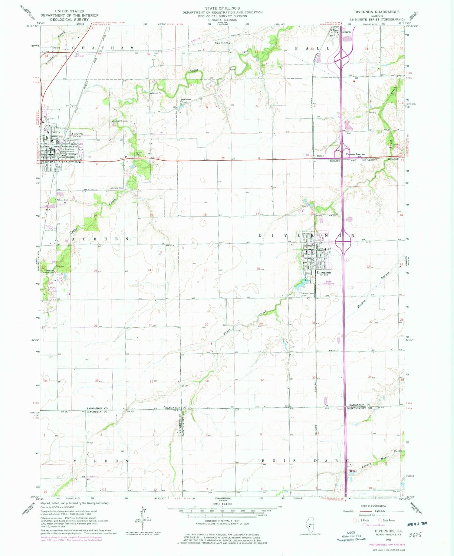 Classic USGS Divernon Illinois 7.5'x7.5' Topo Map Image