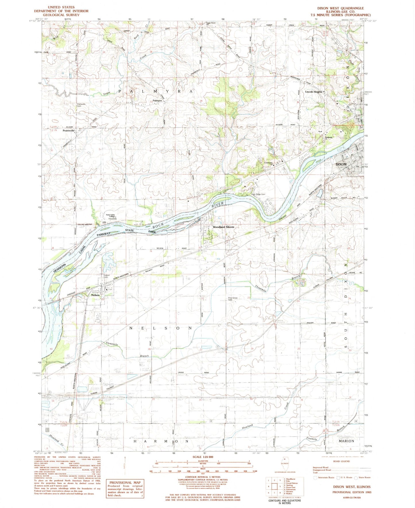 Classic USGS Dixon West Illinois 7.5'x7.5' Topo Map Image