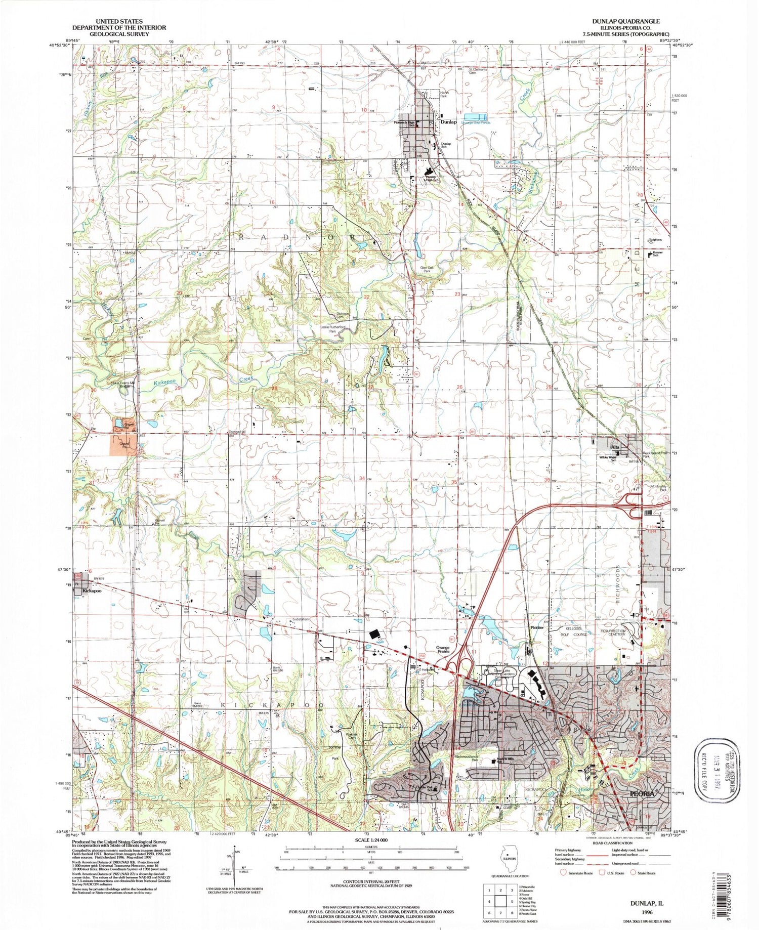 Classic USGS Dunlap Illinois 7.5'x7.5' Topo Map Image