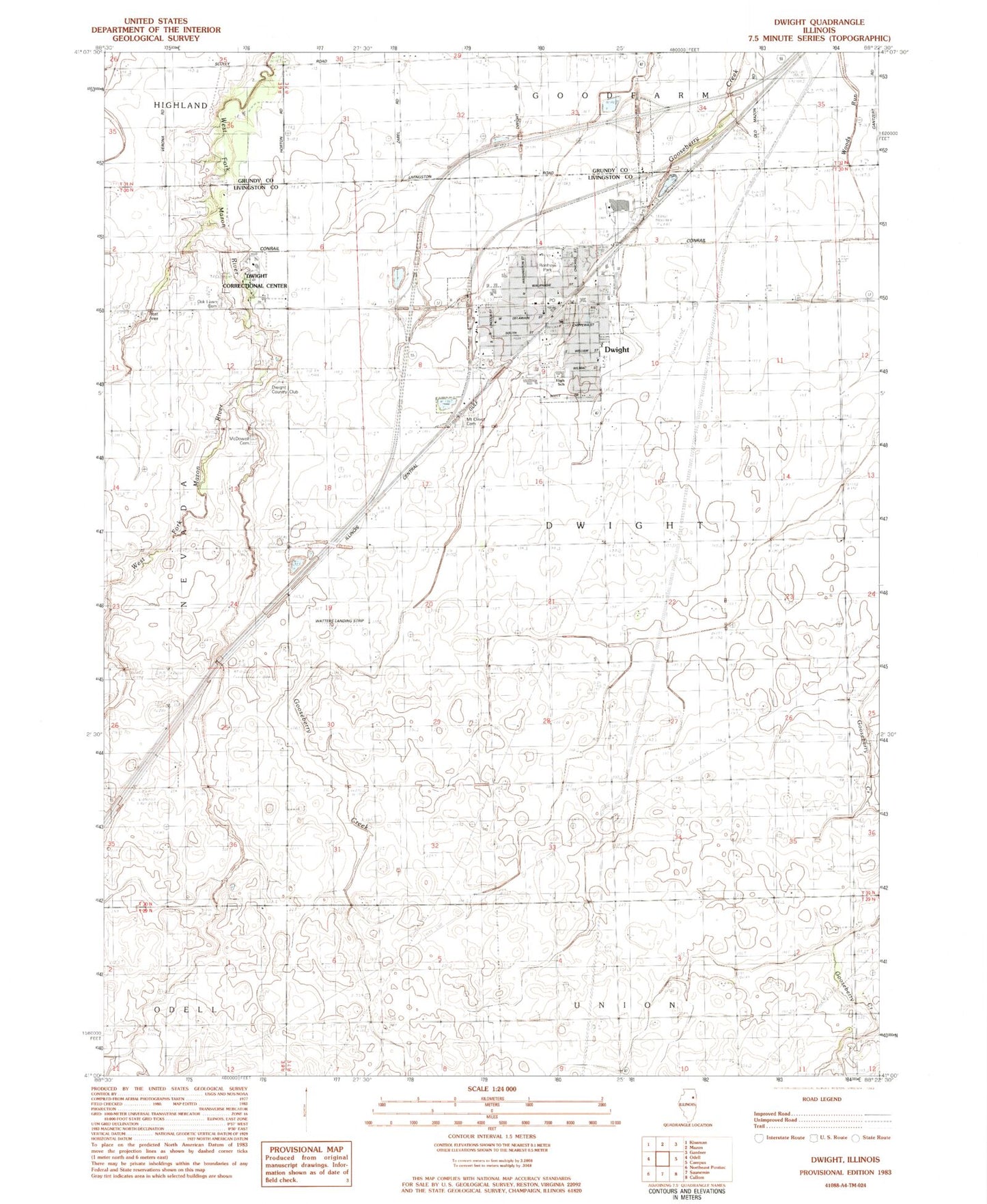 Classic USGS Dwight Illinois 7.5'x7.5' Topo Map Image