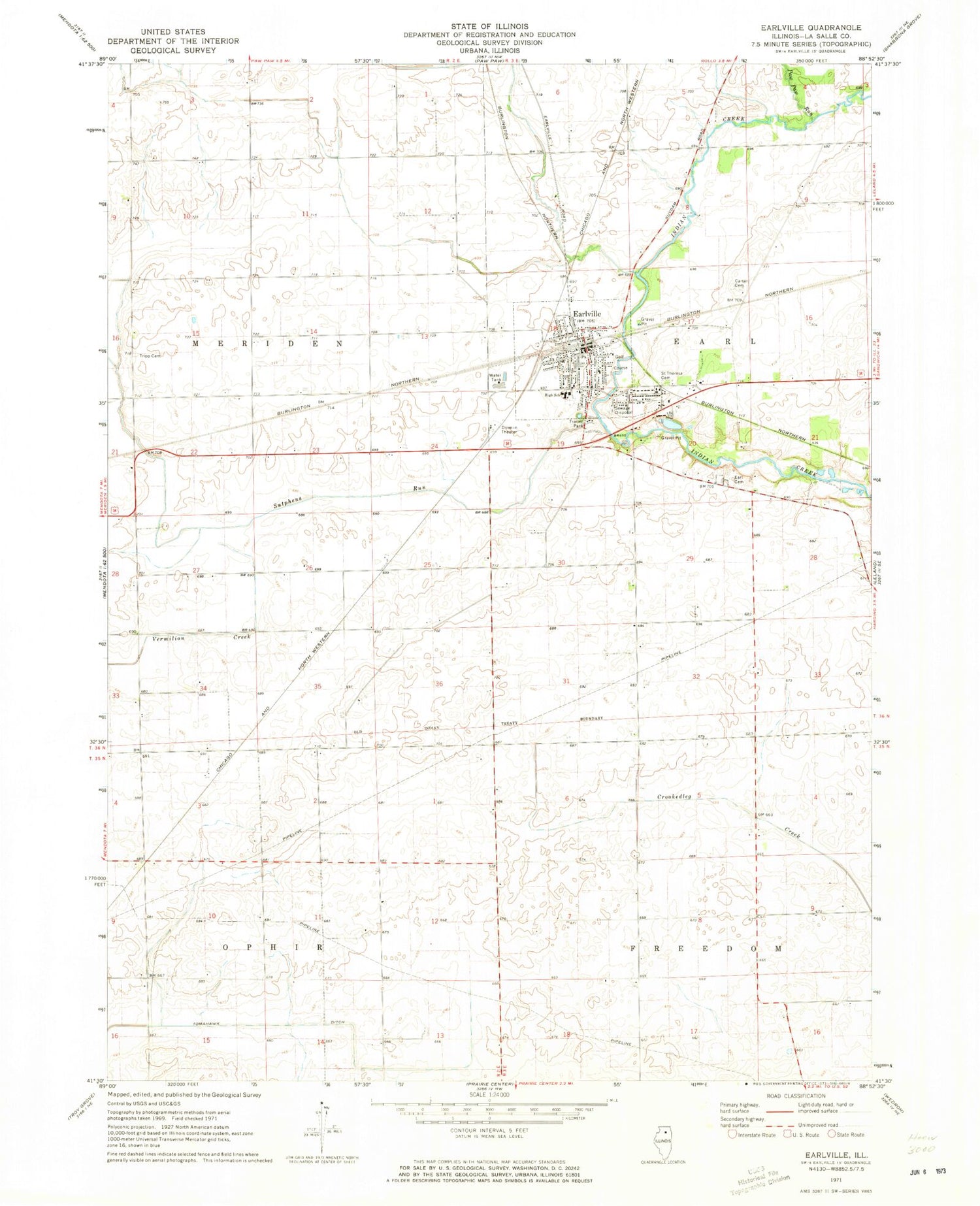 Classic USGS Earlville Illinois 7.5'x7.5' Topo Map Image
