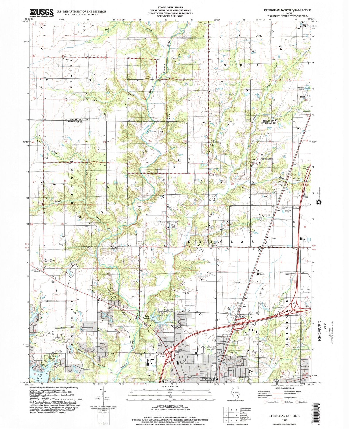 Classic USGS Effingham North Illinois 7.5'x7.5' Topo Map Image