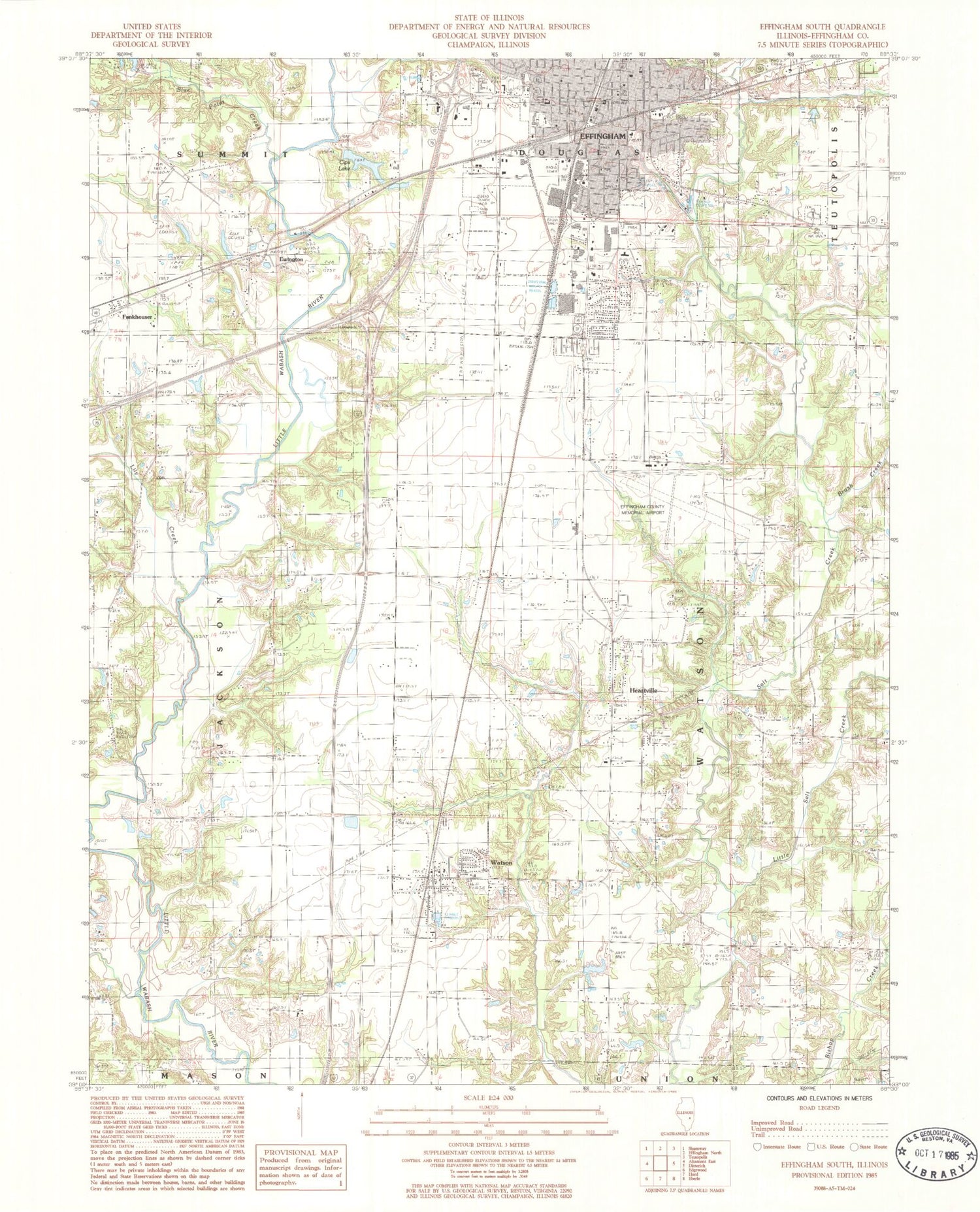 Classic USGS Effingham South Illinois 7.5'x7.5' Topo Map Image