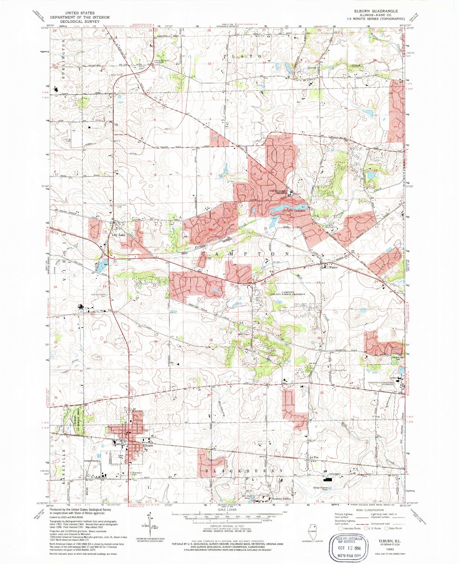 Classic USGS Elburn Illinois 7.5'x7.5' Topo Map Image