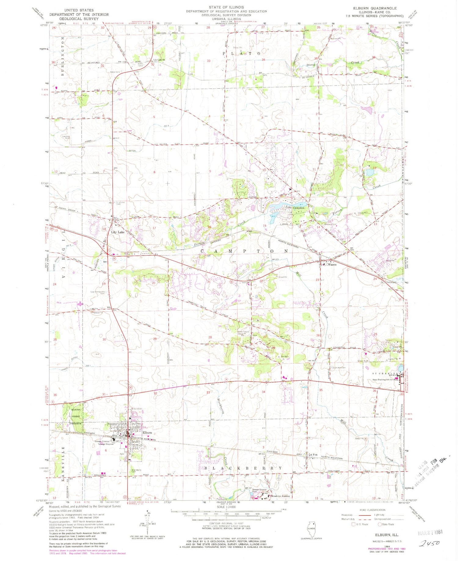 Classic USGS Elburn Illinois 7.5'x7.5' Topo Map Image