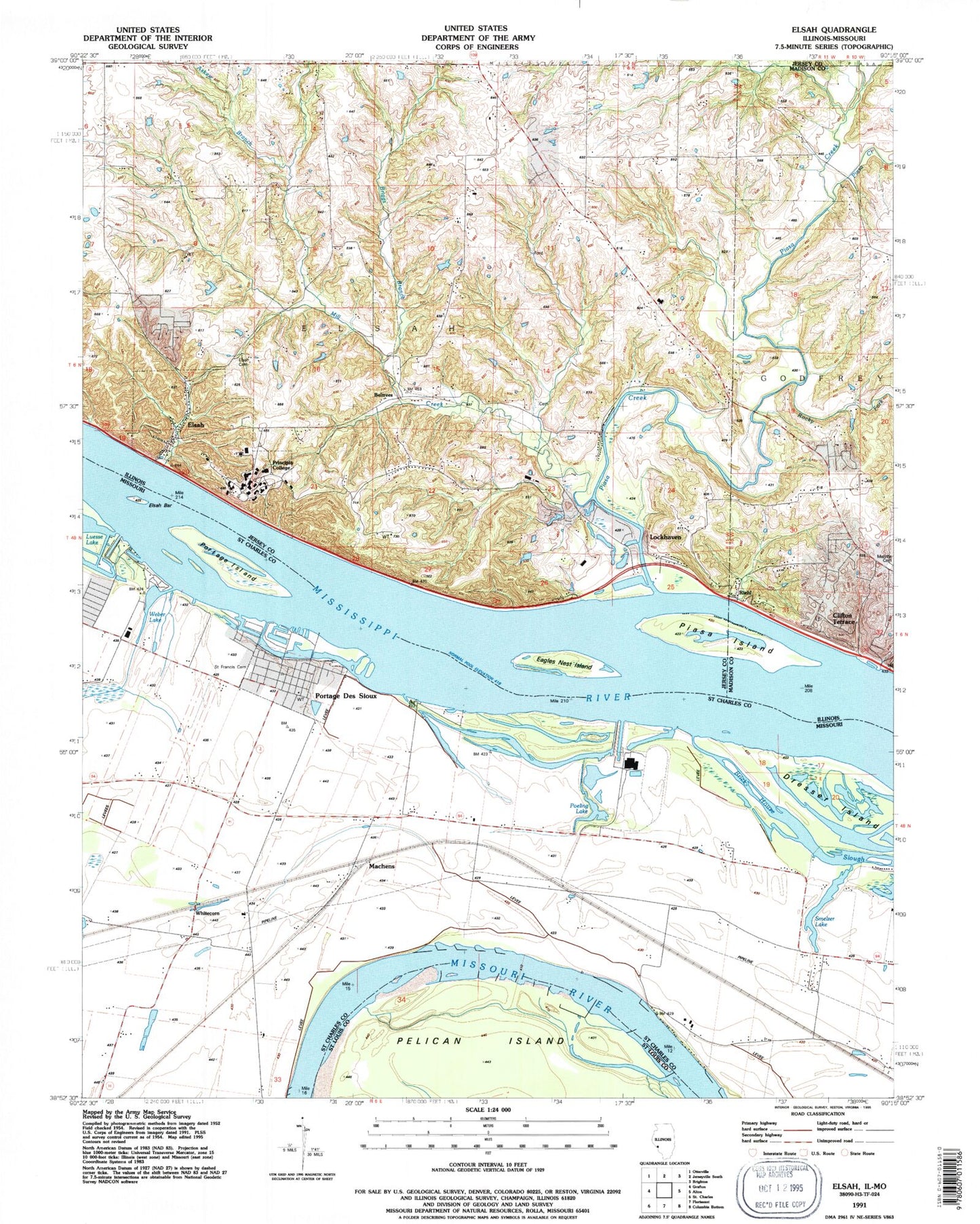 Classic USGS Elsah Illinois 7.5'x7.5' Topo Map Image