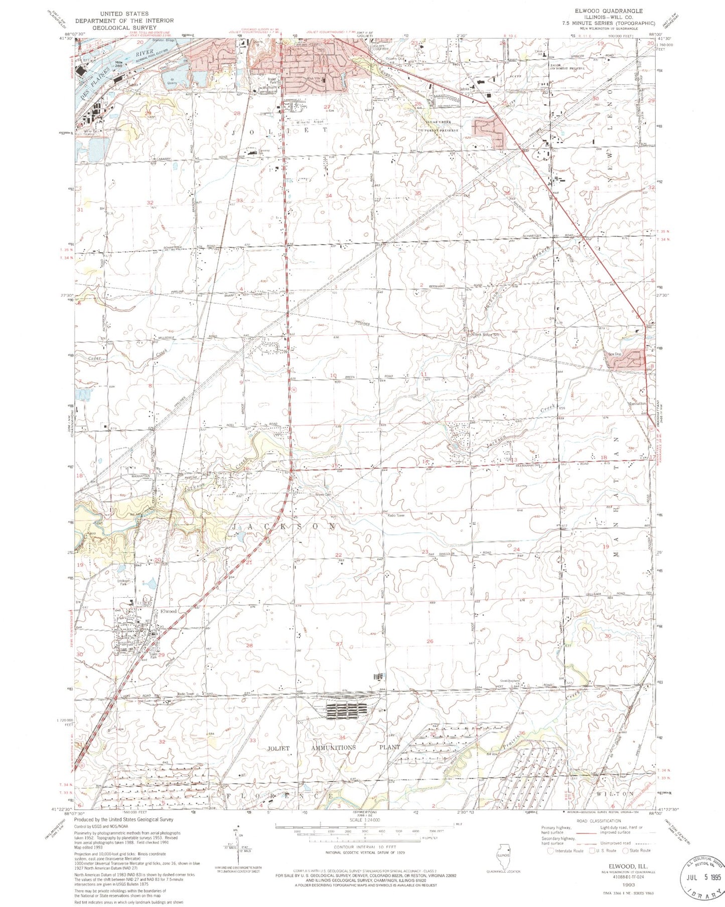 Classic USGS Elwood Illinois 7.5'x7.5' Topo Map Image