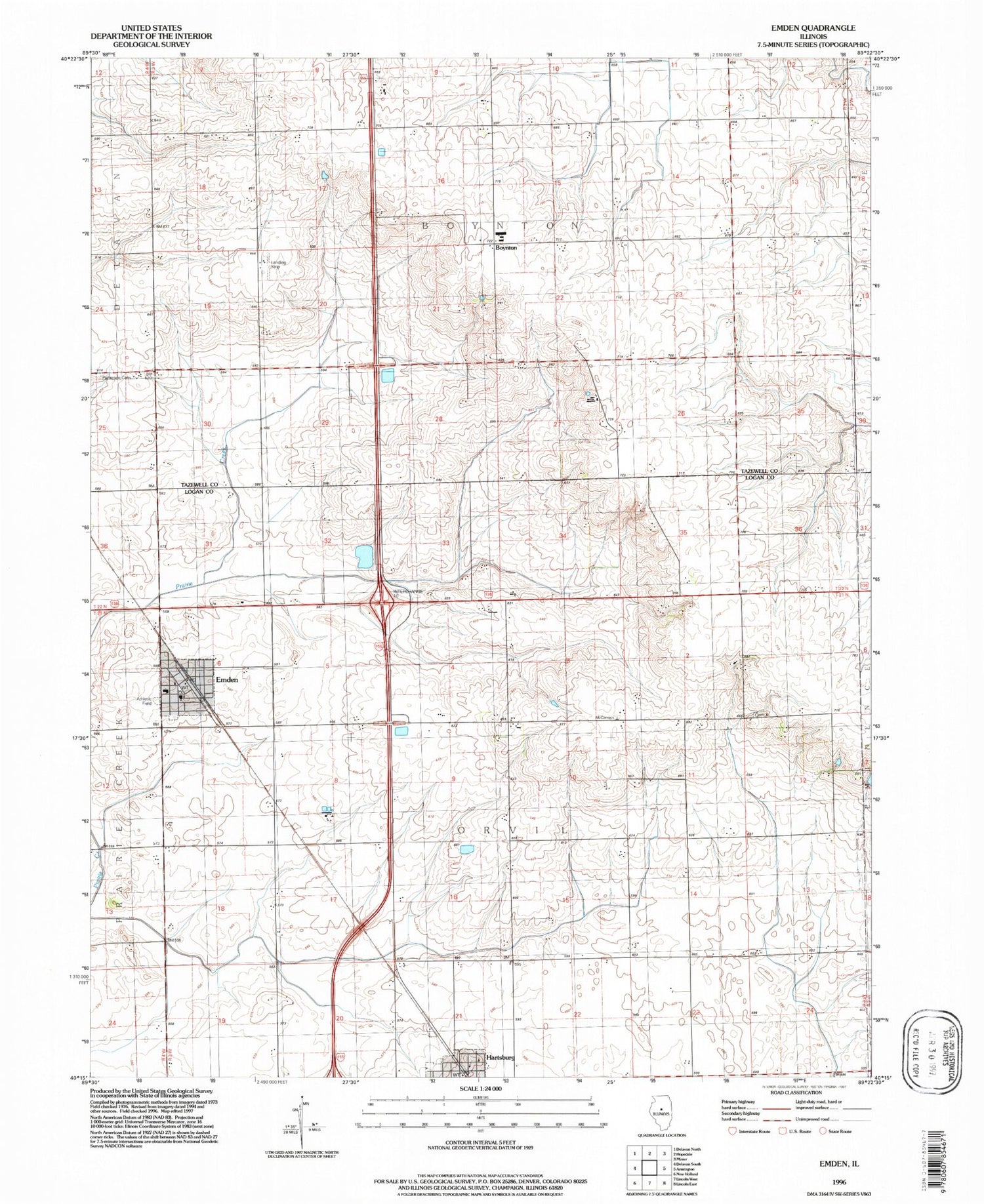 Classic USGS Emden Illinois 7.5'x7.5' Topo Map Image