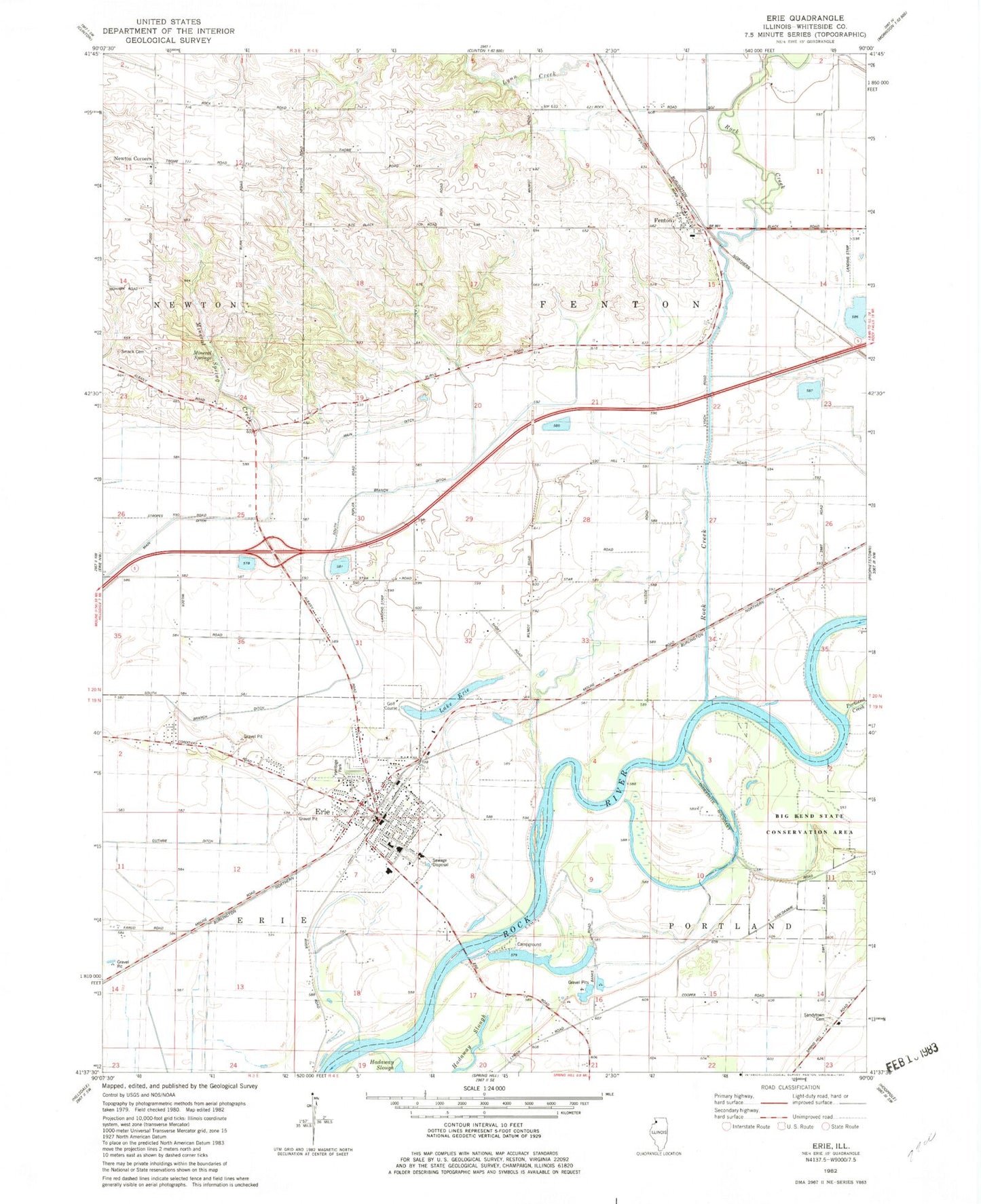 Classic USGS Erie Illinois 7.5'x7.5' Topo Map Image