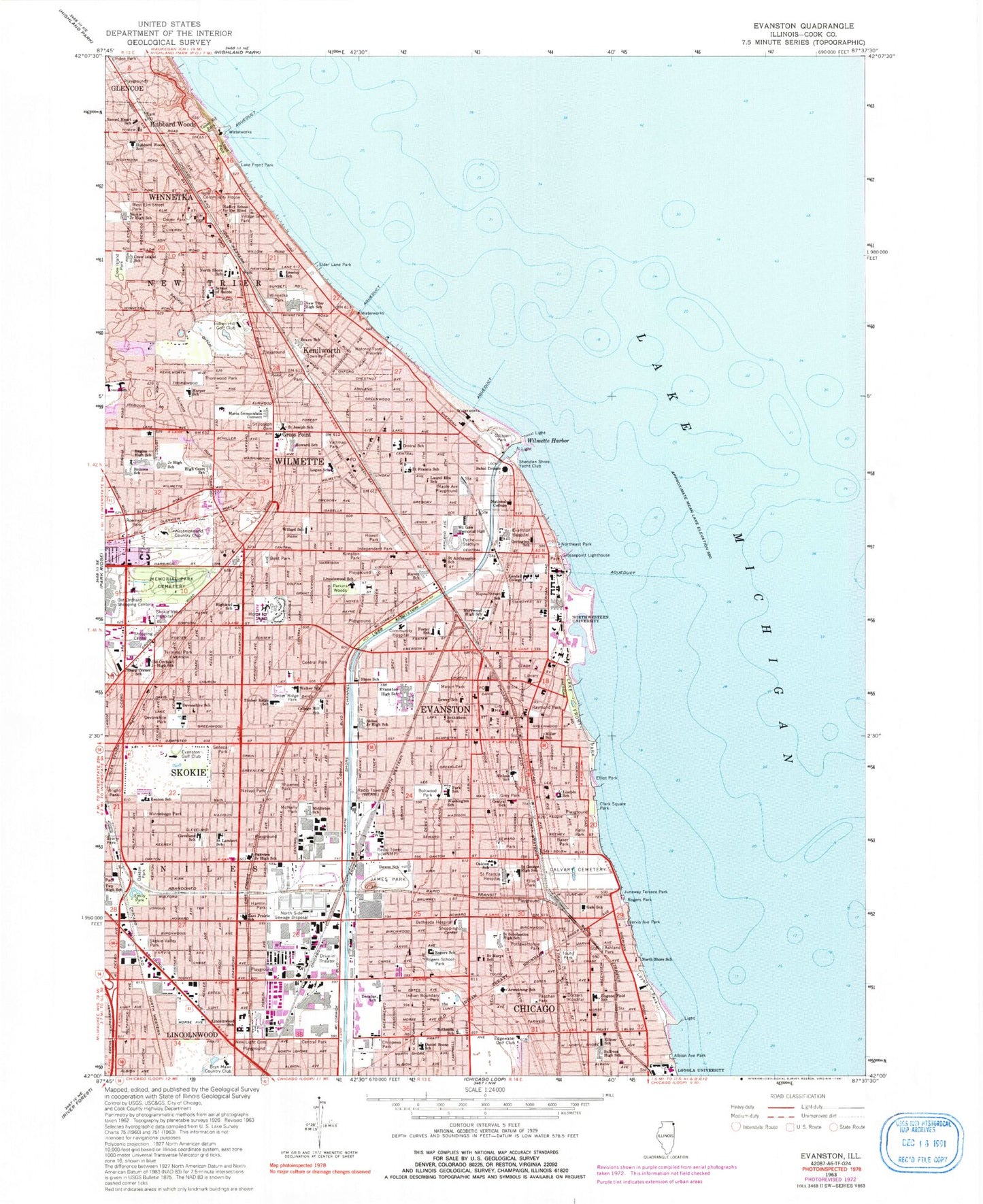 Classic USGS Evanston Illinois 7.5'x7.5' Topo Map Image
