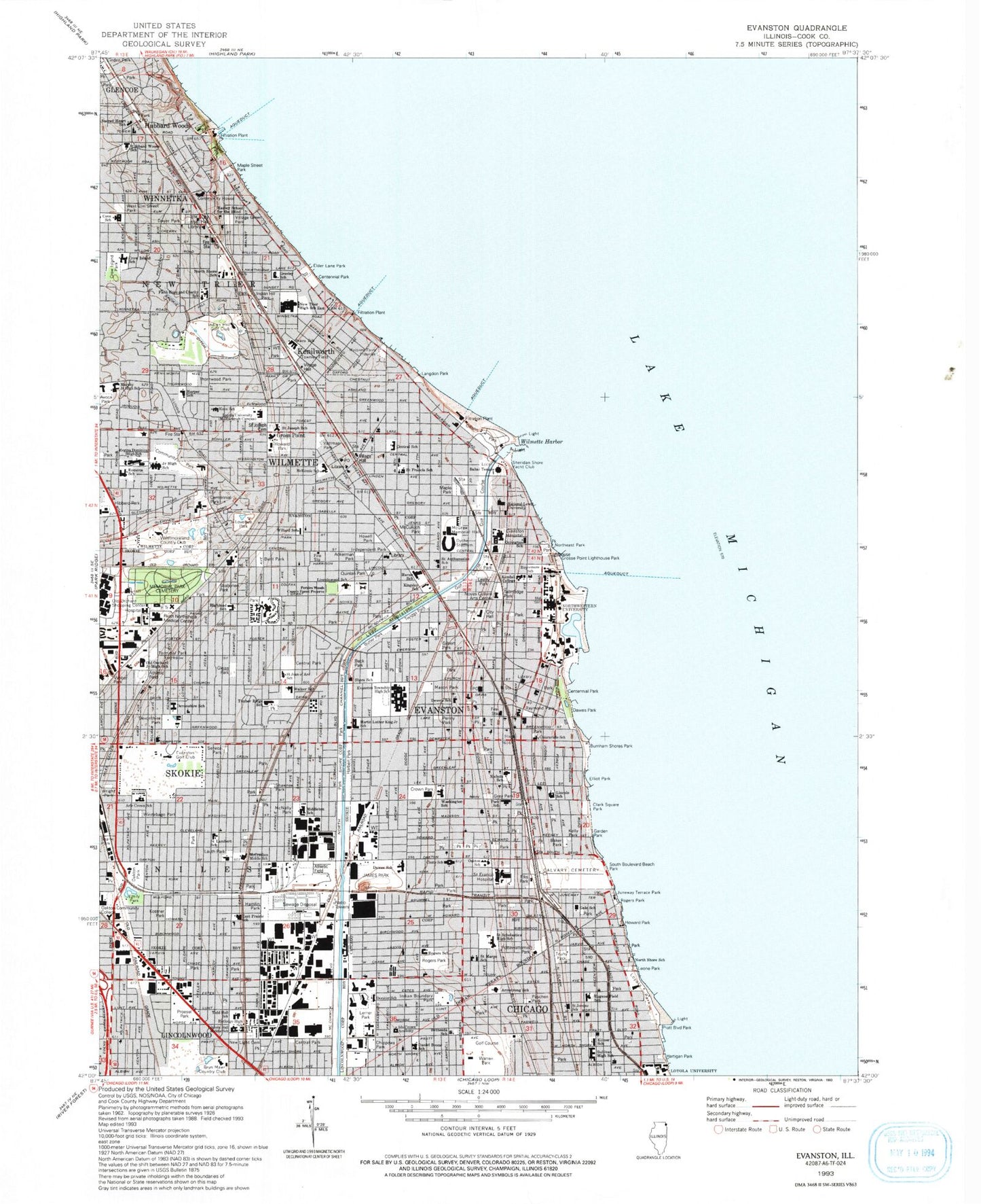 Classic USGS Evanston Illinois 7.5'x7.5' Topo Map Image