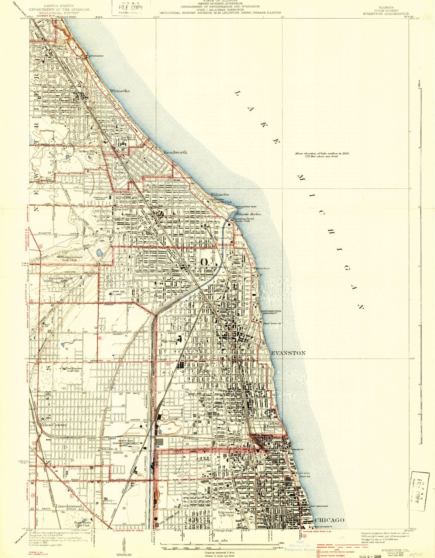 Classic USGS Evanston Illinois 7.5'x7.5' Topo Map Image