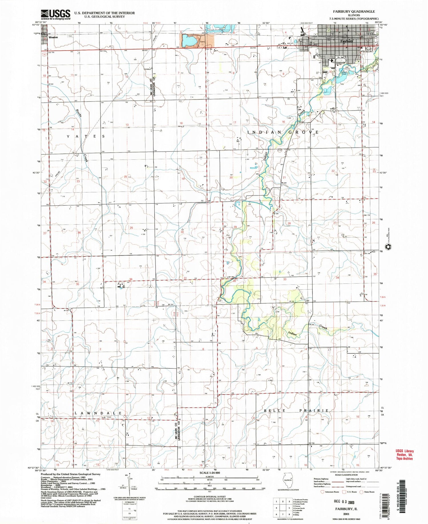Classic USGS Fairbury Illinois 7.5'x7.5' Topo Map Image