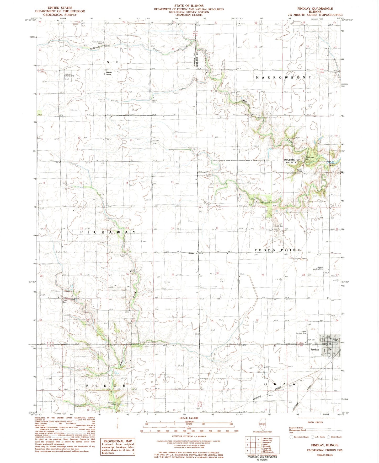 Classic USGS Findlay Illinois 7.5'x7.5' Topo Map Image