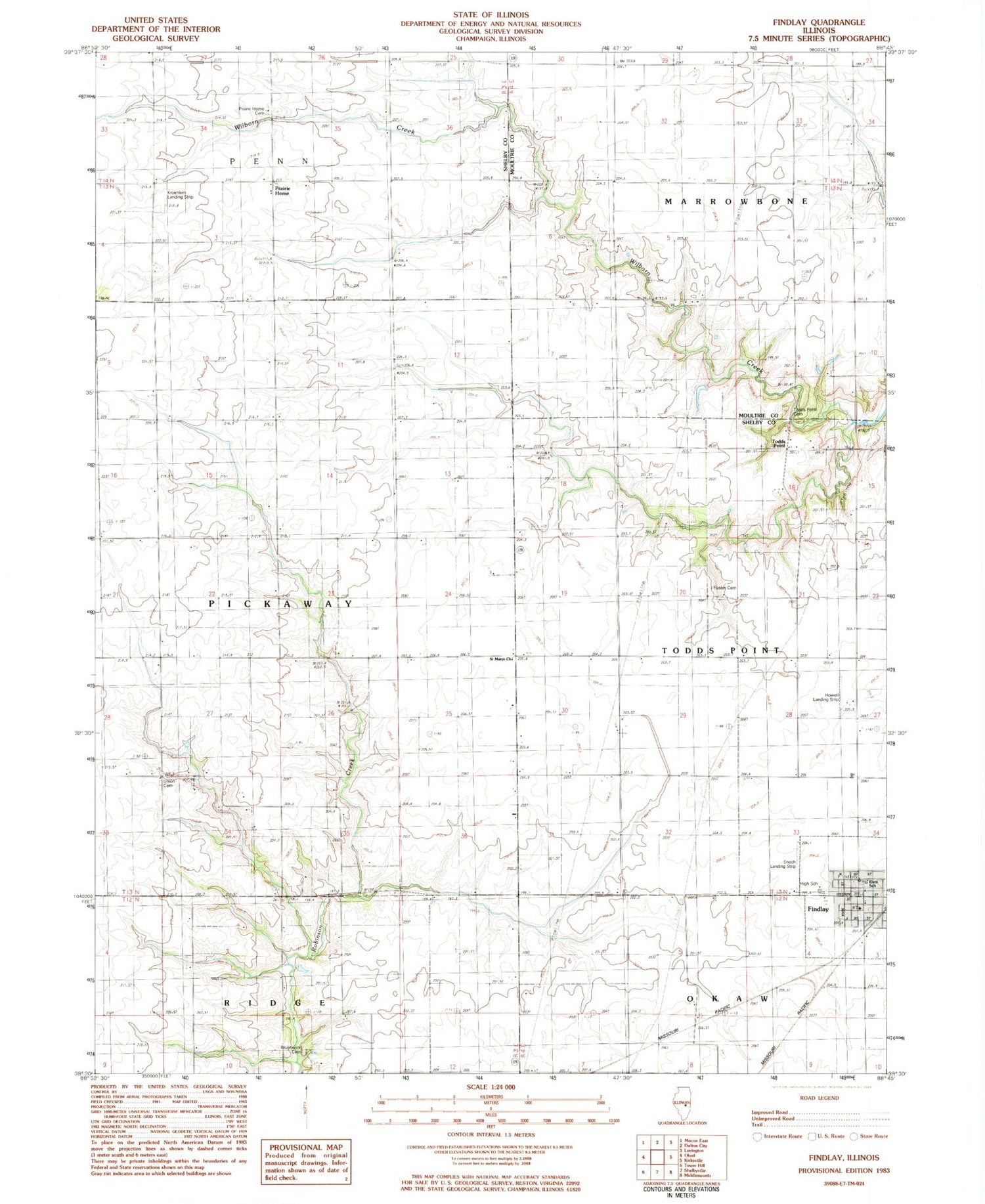Classic USGS Findlay Illinois 7.5'x7.5' Topo Map Image