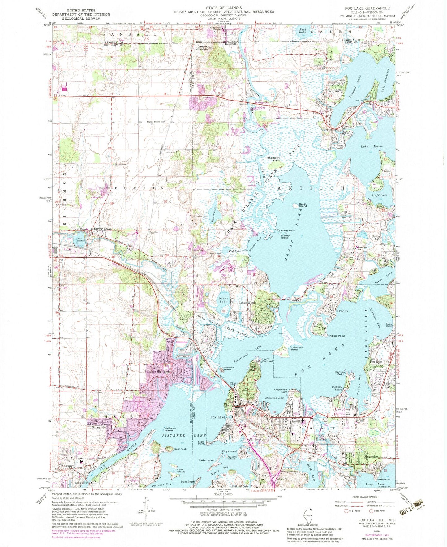 Classic USGS Fox Lake Illinois 7.5'x7.5' Topo Map Image