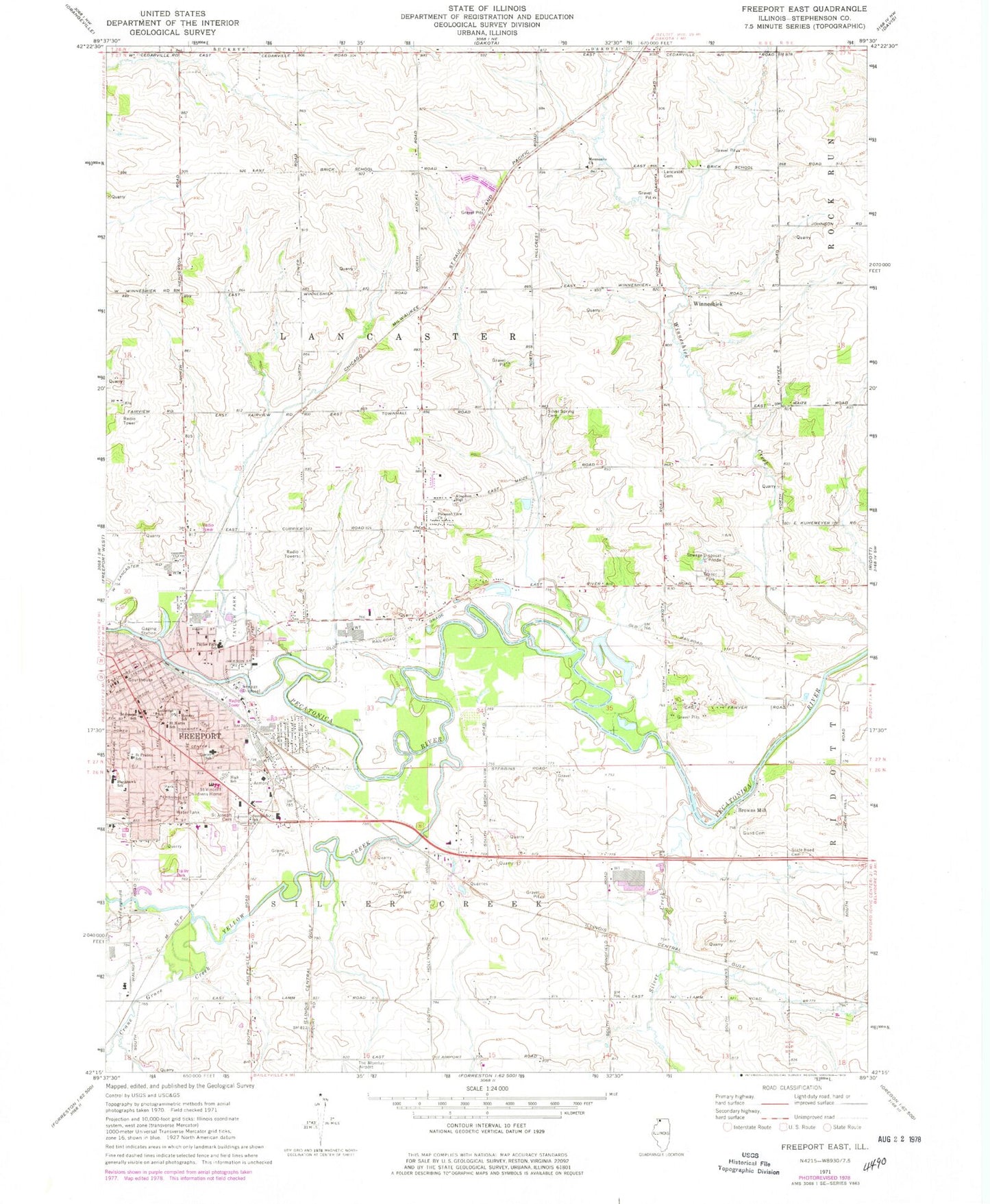 Classic USGS Freeport East Illinois 7.5'x7.5' Topo Map Image