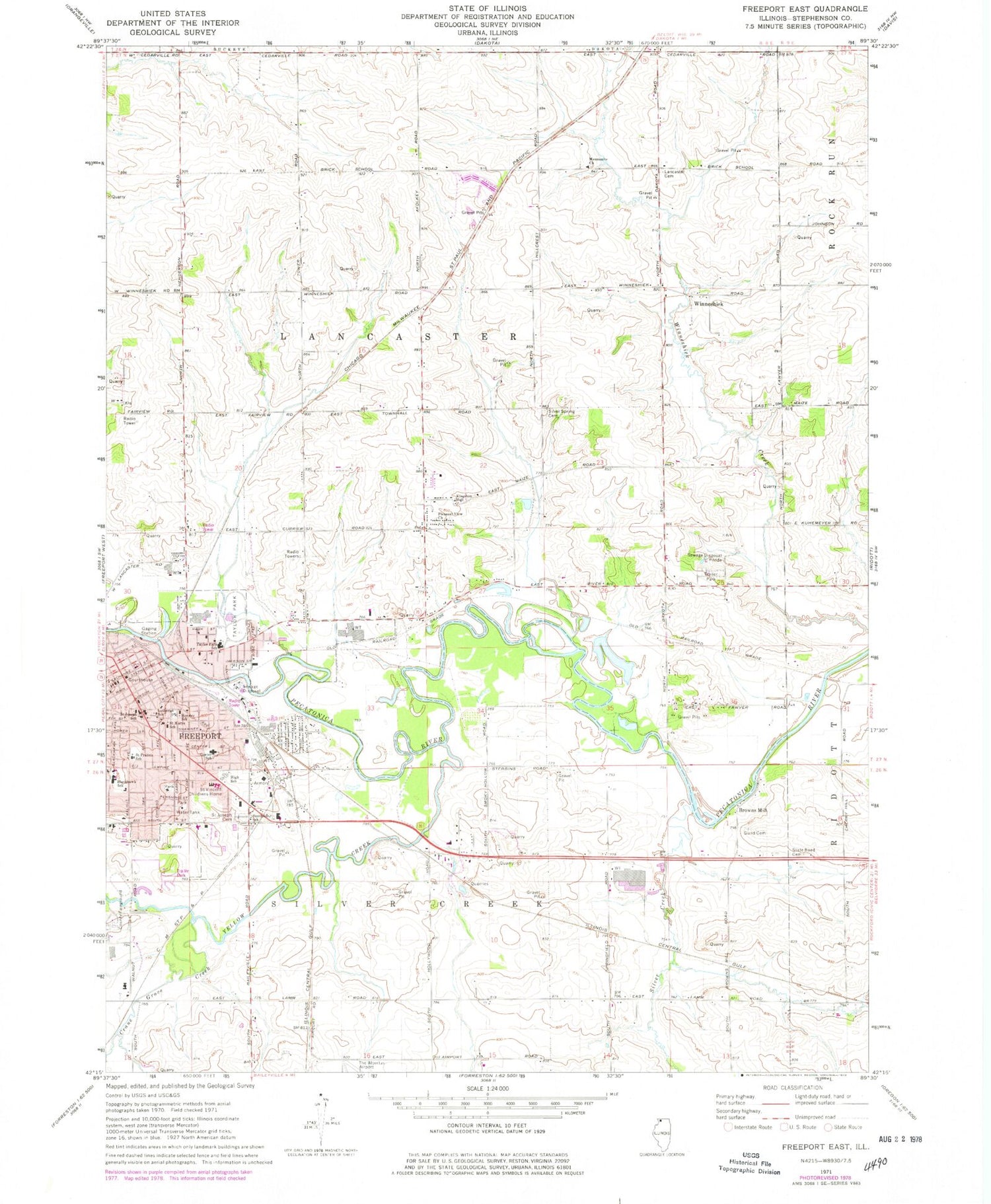 Classic USGS Freeport East Illinois 7.5'x7.5' Topo Map Image