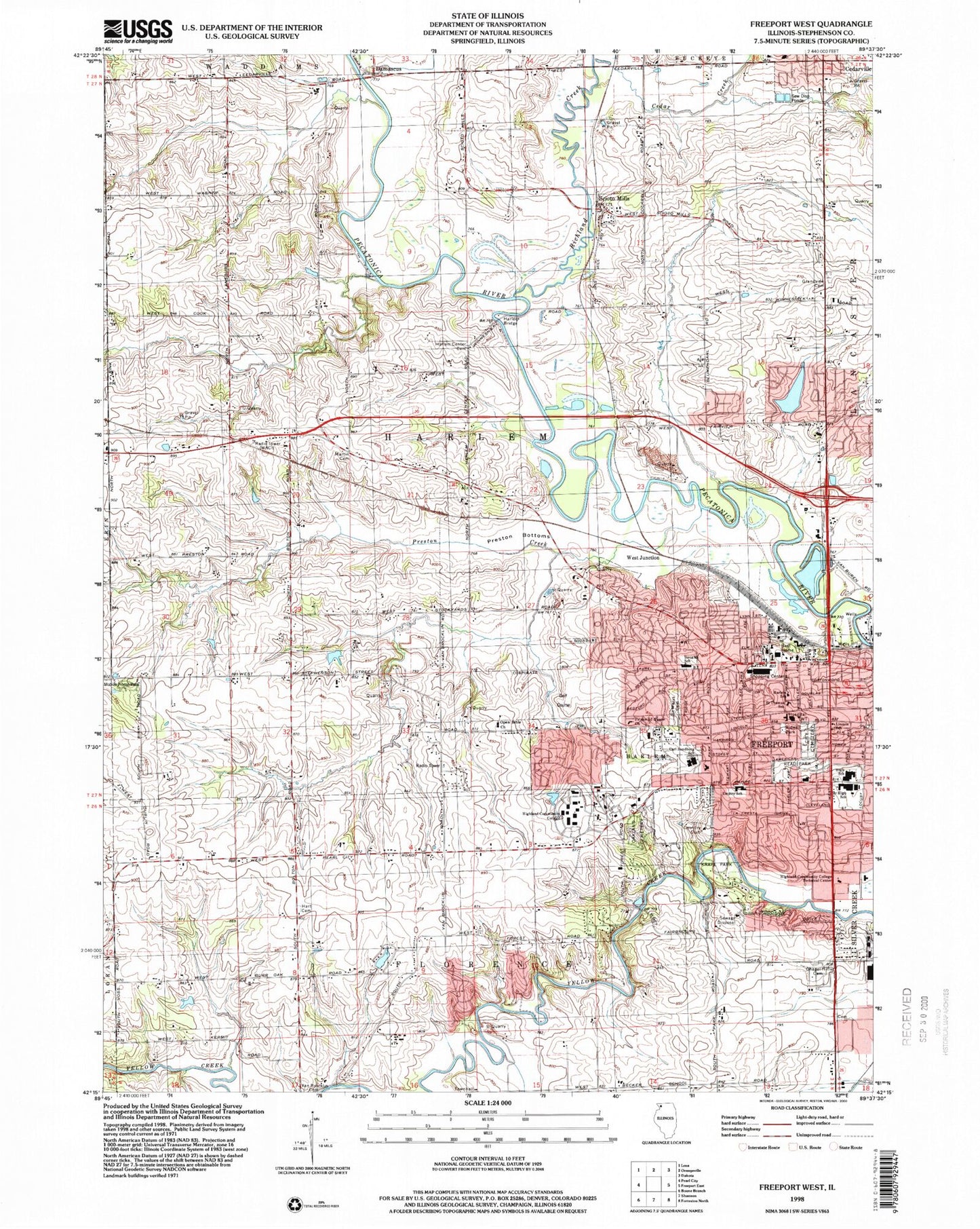 Classic USGS Freeport West Illinois 7.5'x7.5' Topo Map Image
