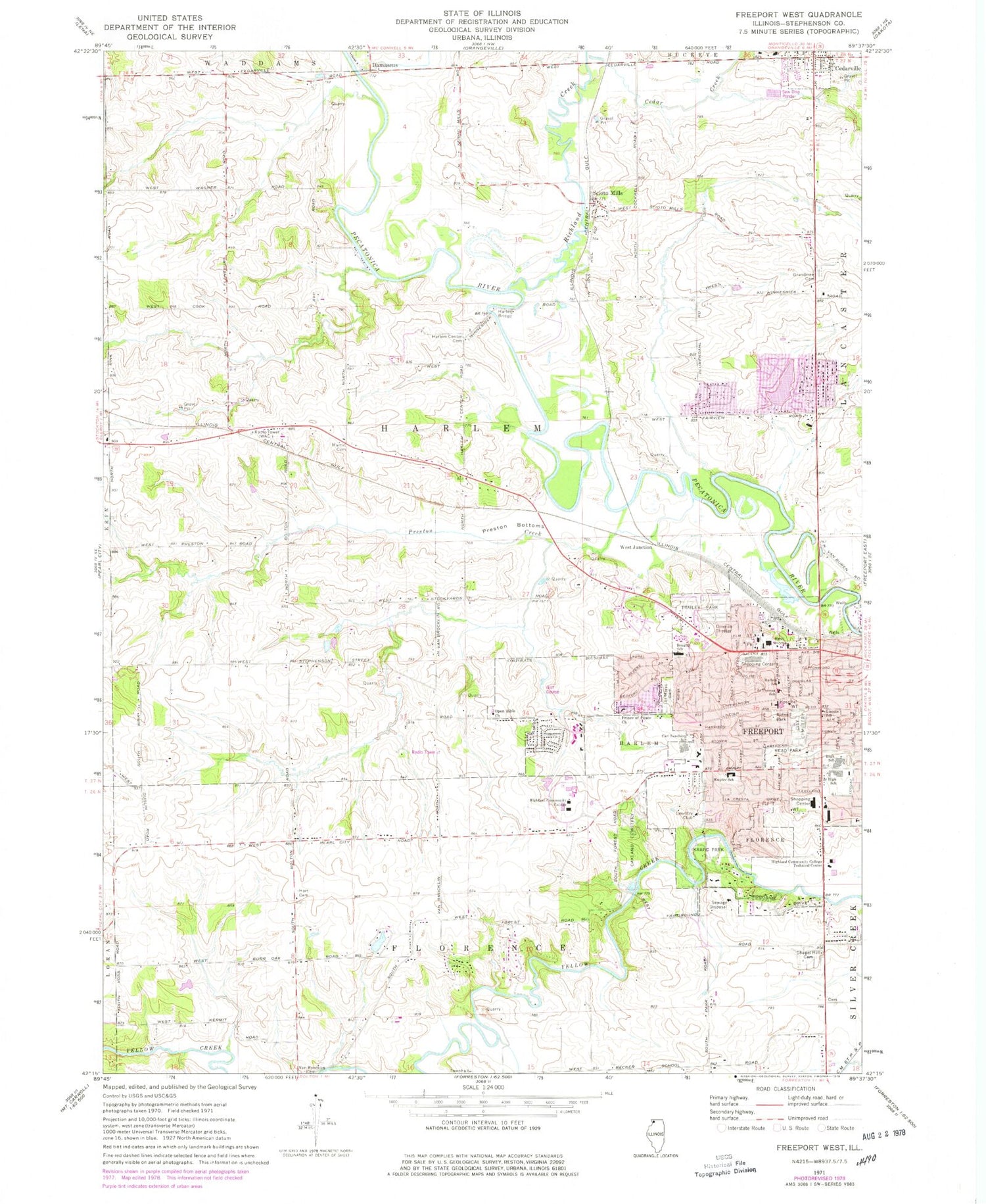 Classic USGS Freeport West Illinois 7.5'x7.5' Topo Map Image