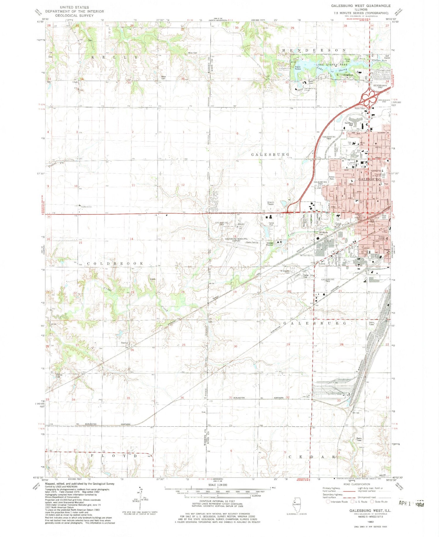 Classic USGS Galesburg West Illinois 7.5'x7.5' Topo Map Image