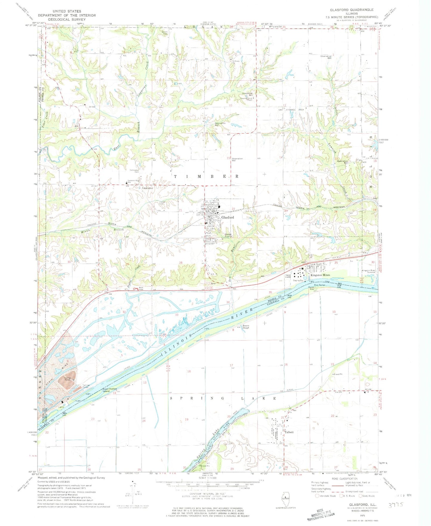 Classic USGS Glasford Illinois 7.5'x7.5' Topo Map Image