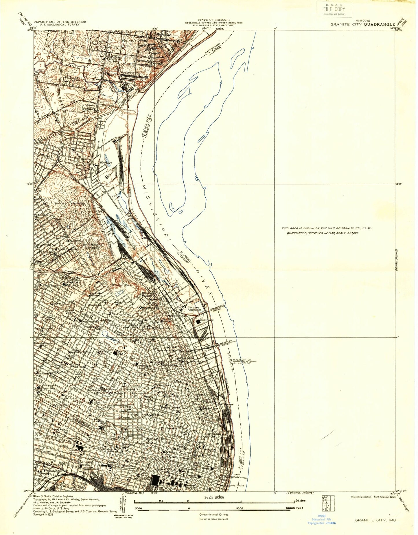 Classic USGS Granite City Illinois 7.5'x7.5' Topo Map Image