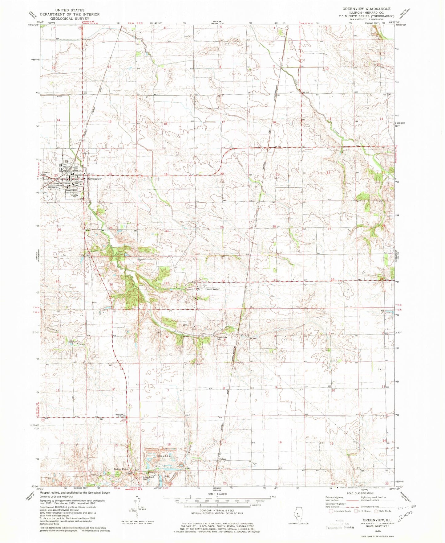 Classic USGS Greenview Illinois 7.5'x7.5' Topo Map Image