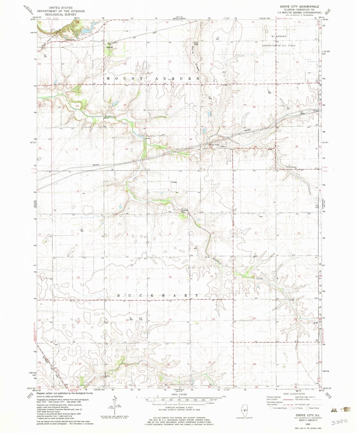 Classic USGS Grove City Illinois 7.5'x7.5' Topo Map Image