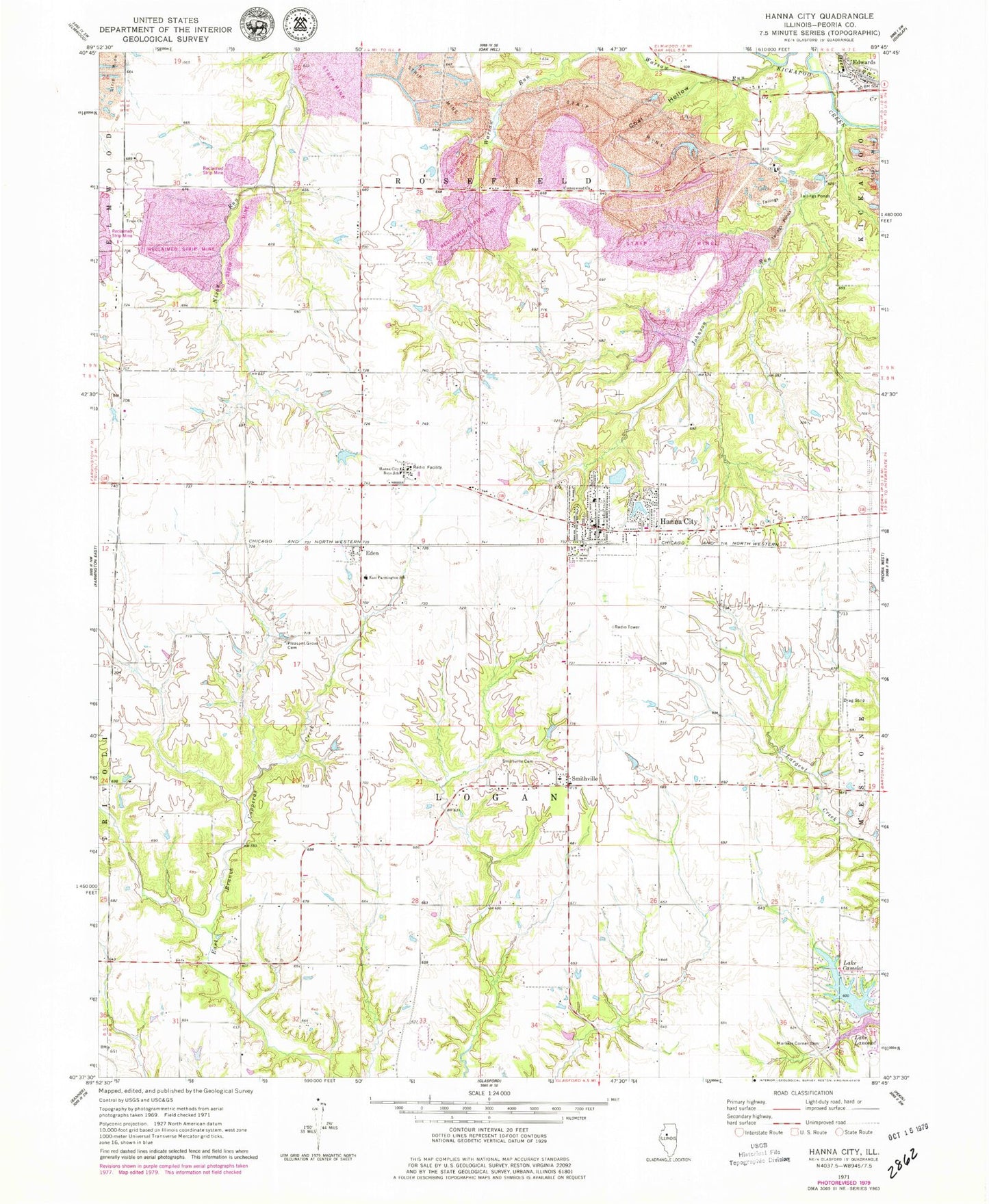 Classic USGS Hanna City Illinois 7.5'x7.5' Topo Map Image