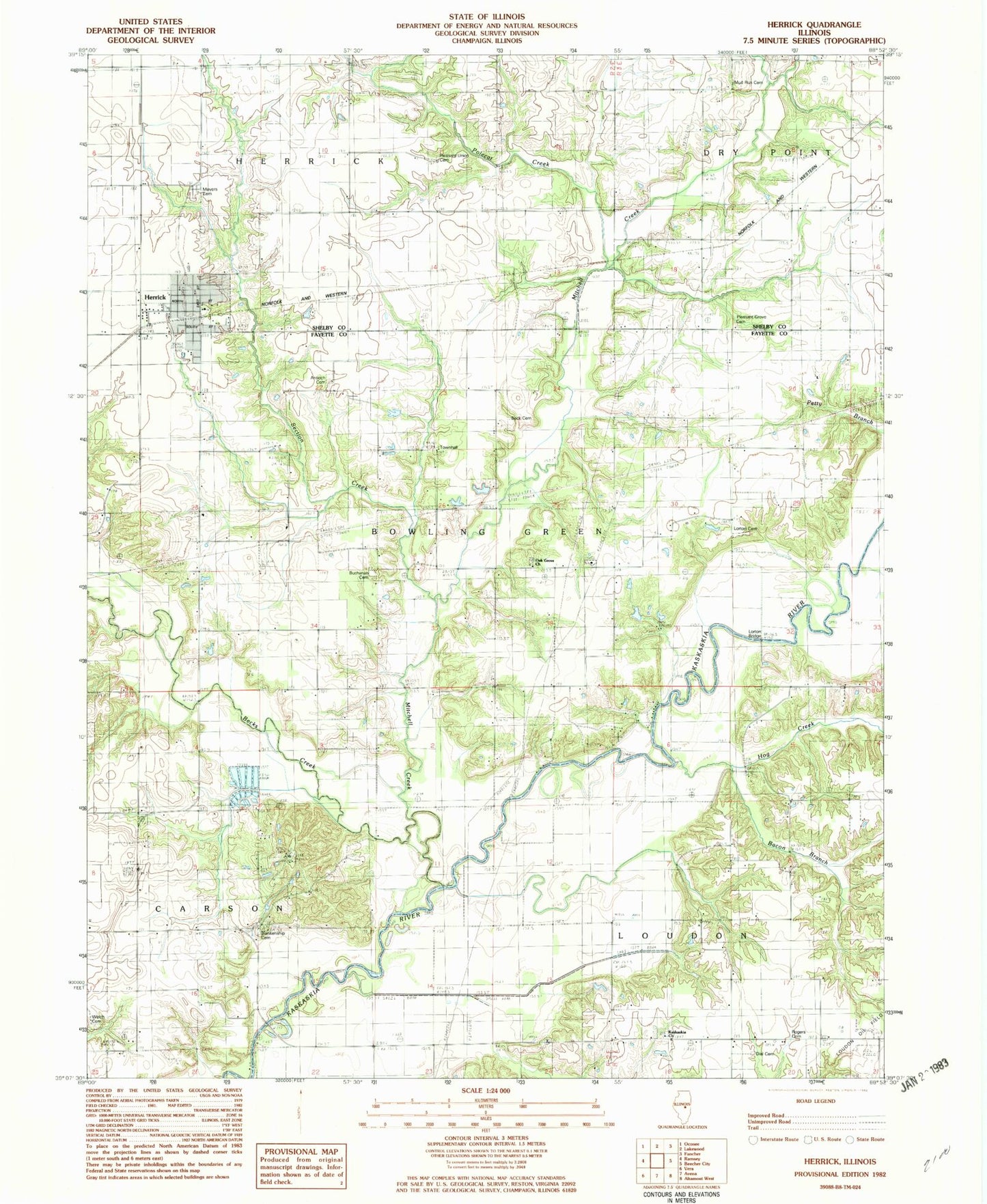 Classic USGS Herrick Illinois 7.5'x7.5' Topo Map Image