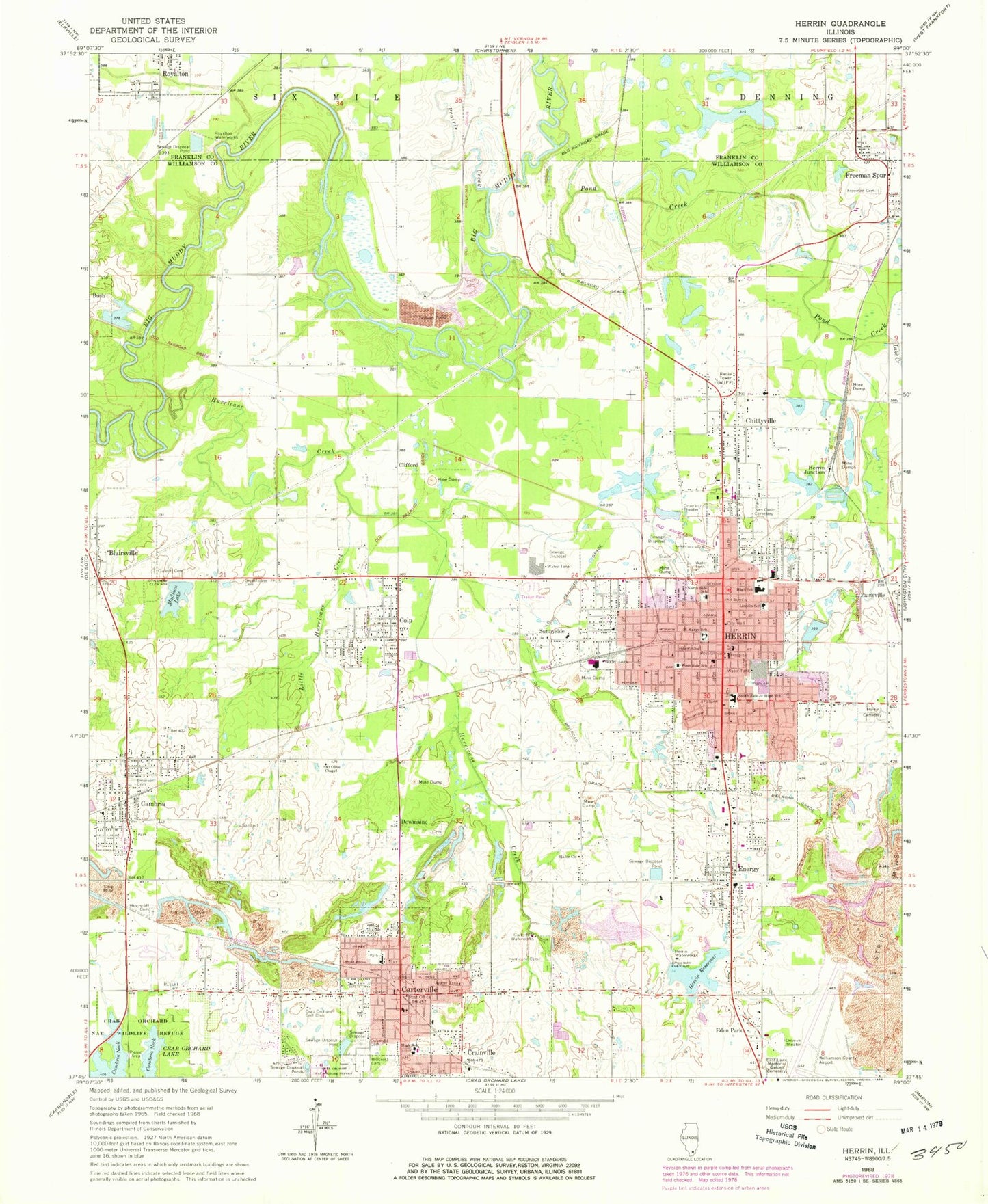 Classic USGS Herrin Illinois 7.5'x7.5' Topo Map Image