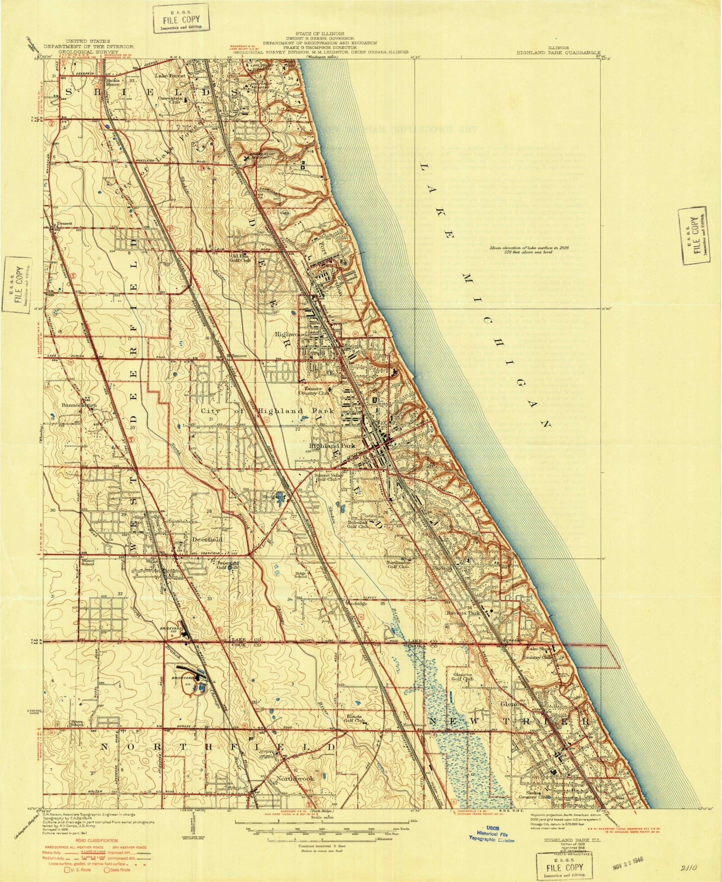 Classic USGS Highland Park Illinois 7.5'x7.5' Topo Map Image