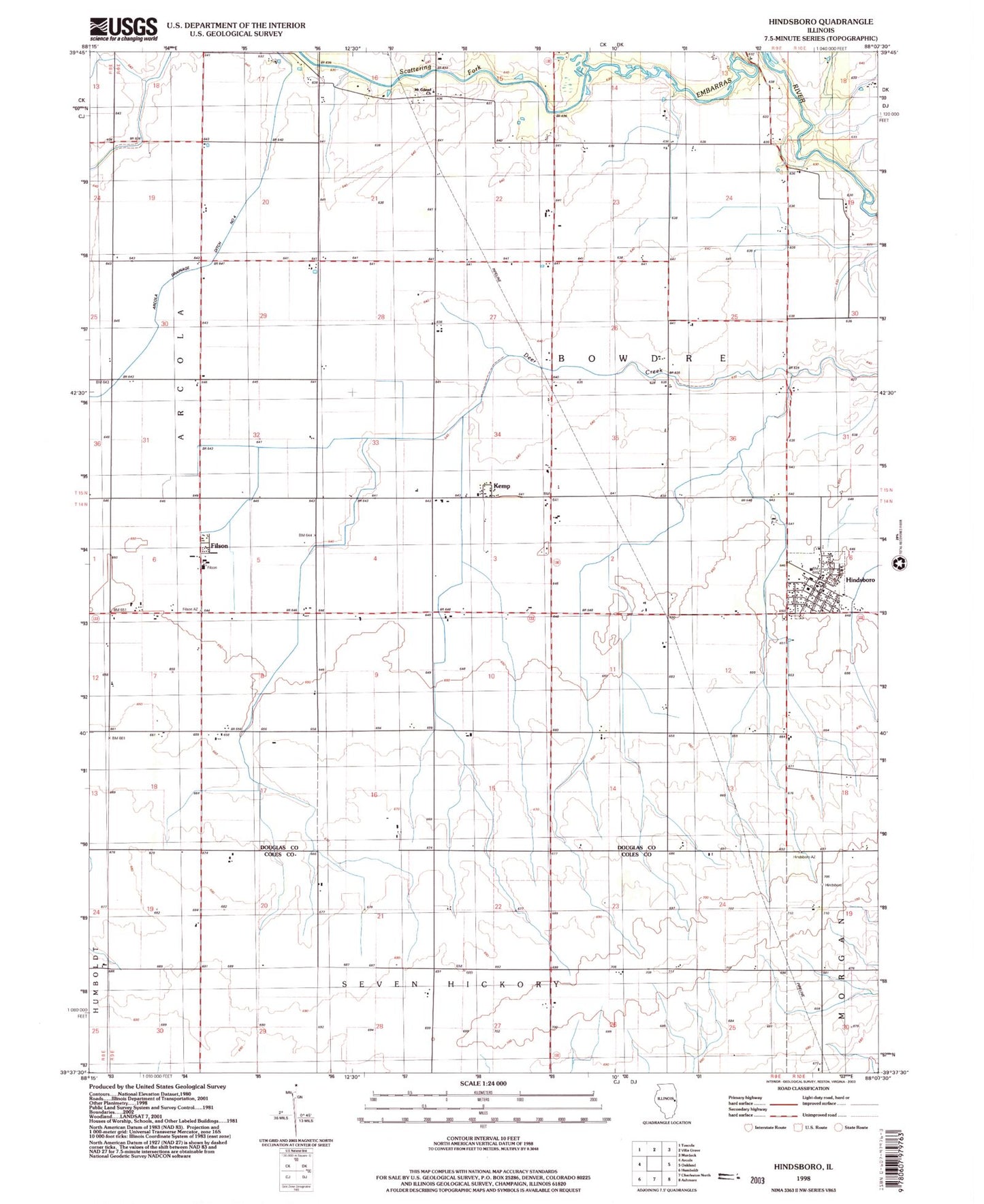 Classic USGS Hindsboro Illinois 7.5'x7.5' Topo Map Image