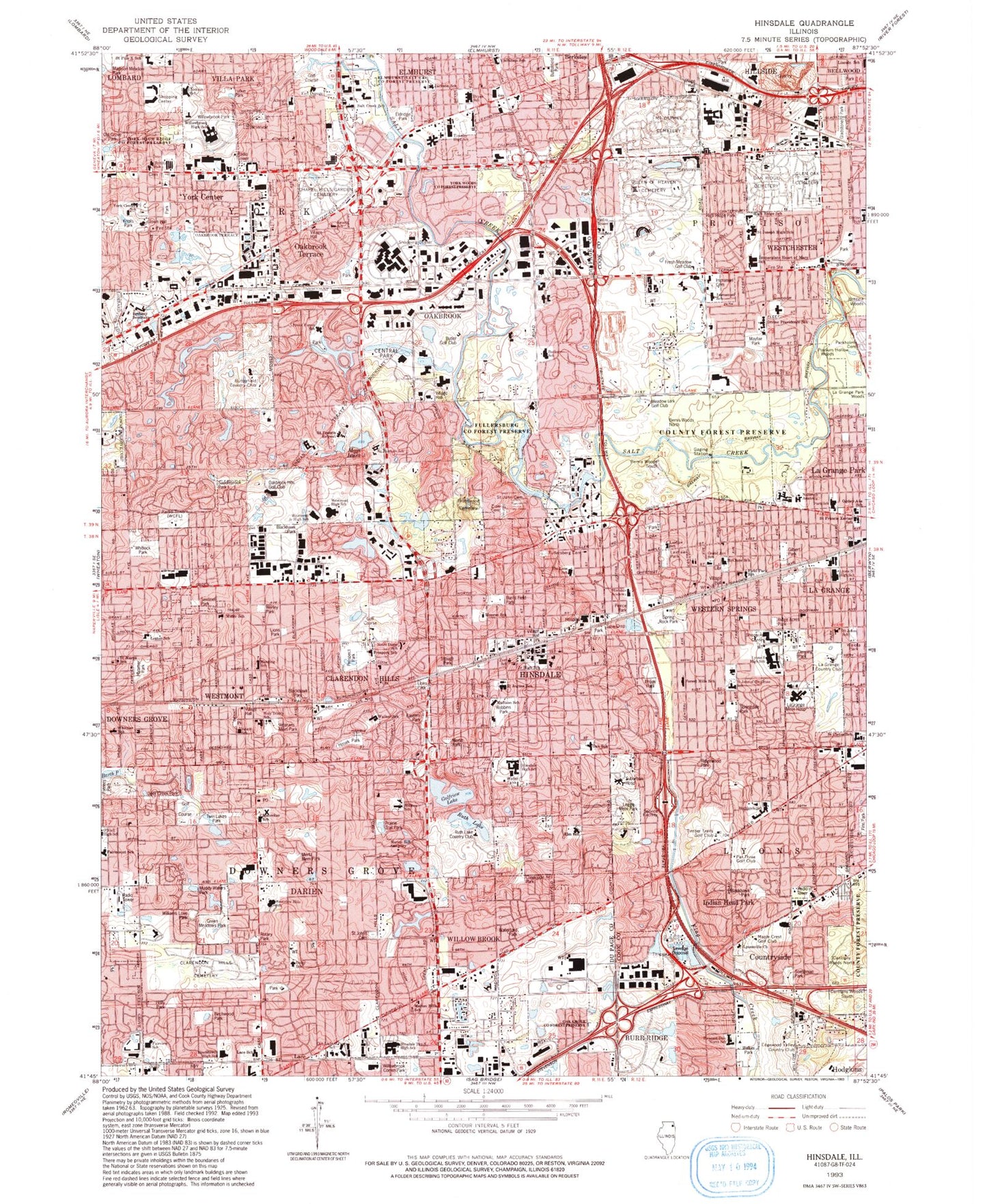 Classic USGS Hinsdale Illinois 7.5'x7.5' Topo Map Image