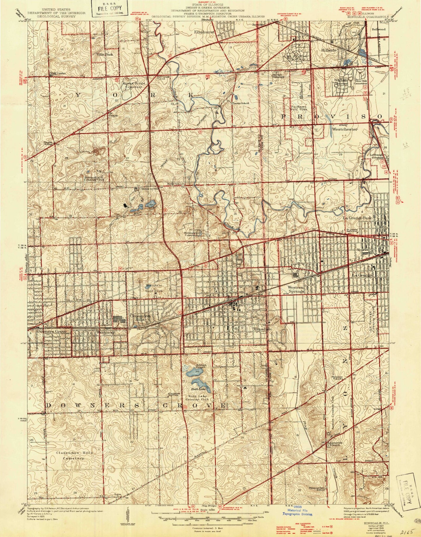 Classic USGS Hinsdale Illinois 7.5'x7.5' Topo Map Image