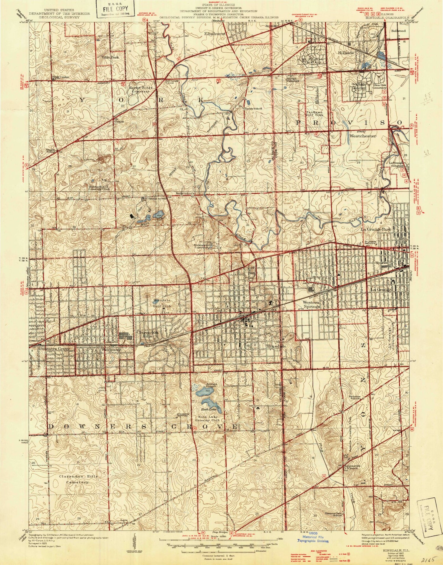 Classic USGS Hinsdale Illinois 7.5'x7.5' Topo Map Image