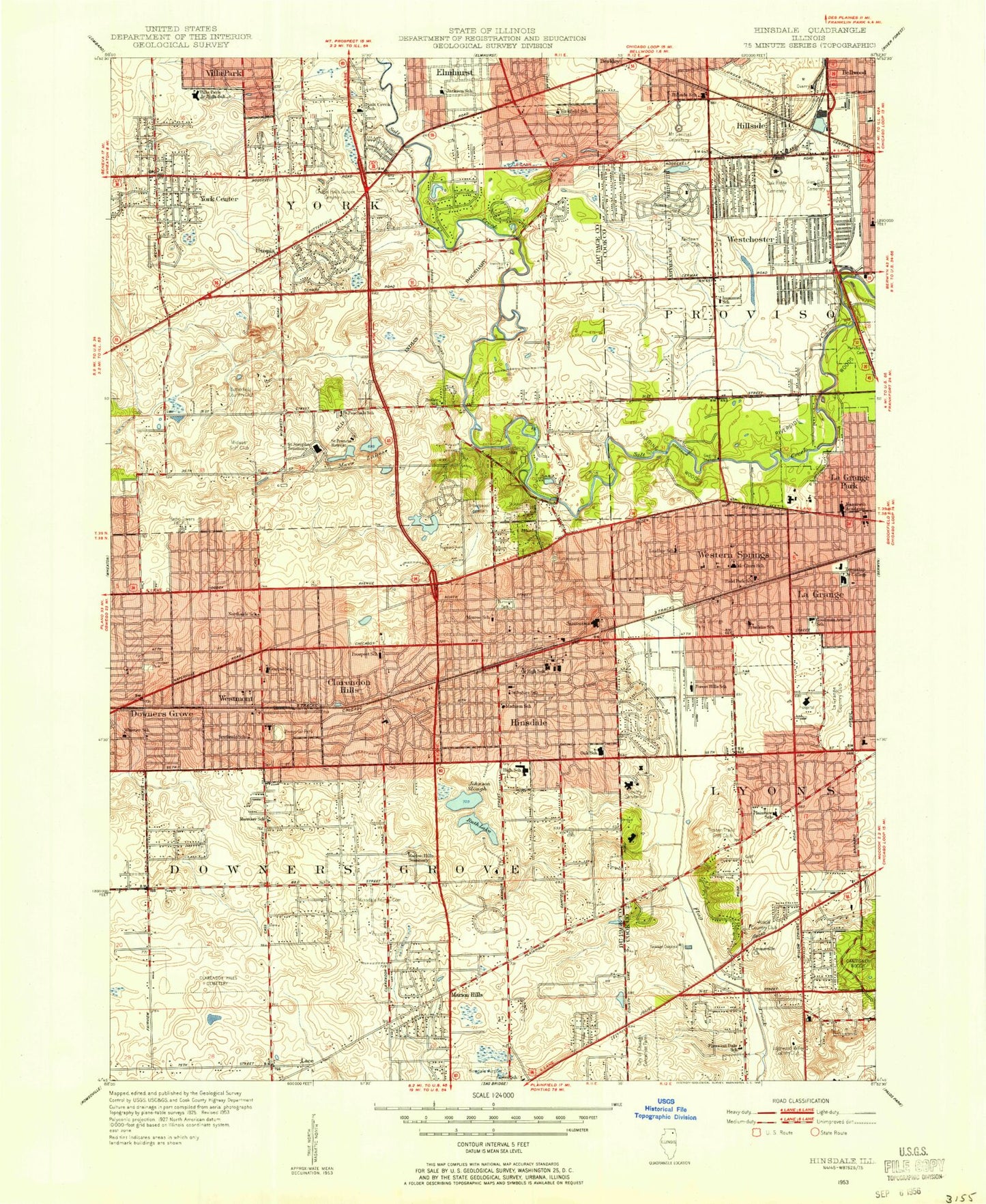 Classic USGS Hinsdale Illinois 7.5'x7.5' Topo Map Image