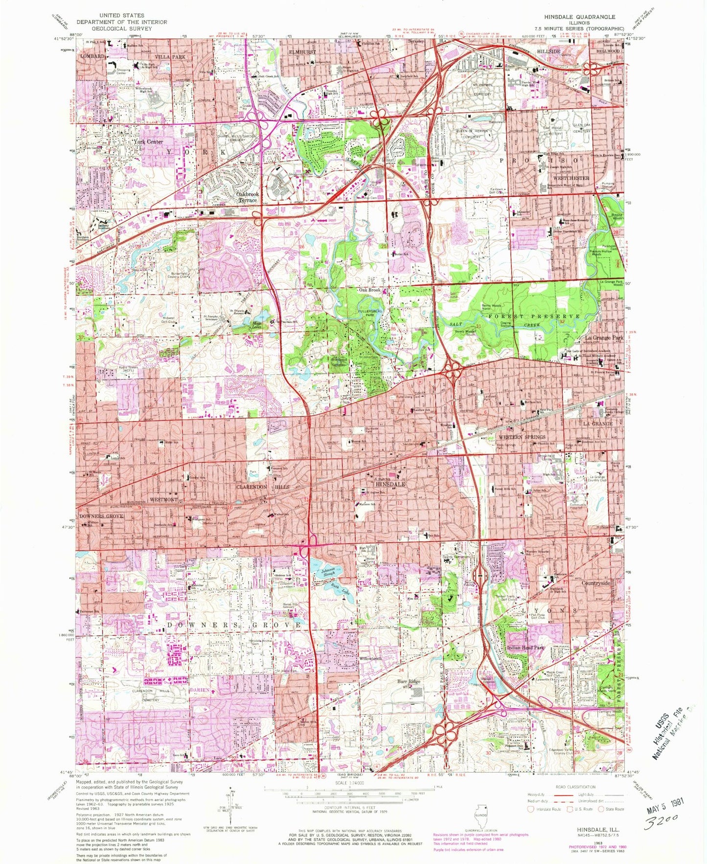 Classic USGS Hinsdale Illinois 7.5'x7.5' Topo Map Image