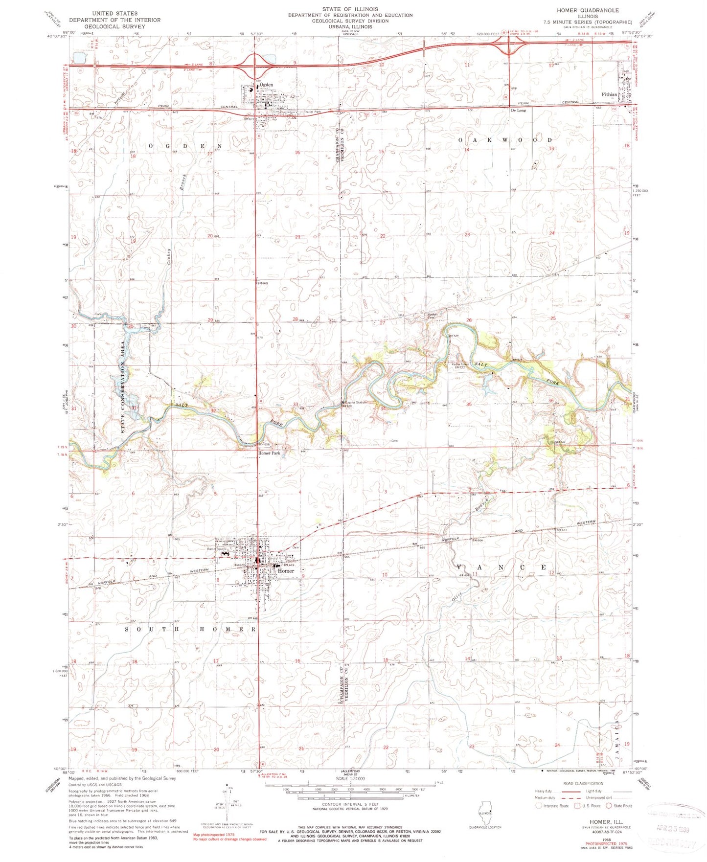 Classic USGS Homer Illinois 7.5'x7.5' Topo Map Image