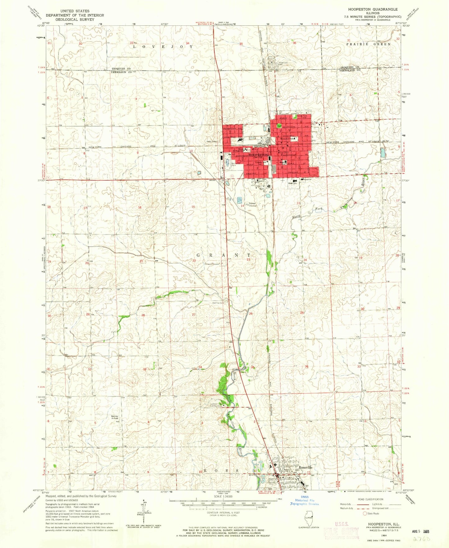 Classic USGS Hoopeston Illinois 7.5'x7.5' Topo Map Image
