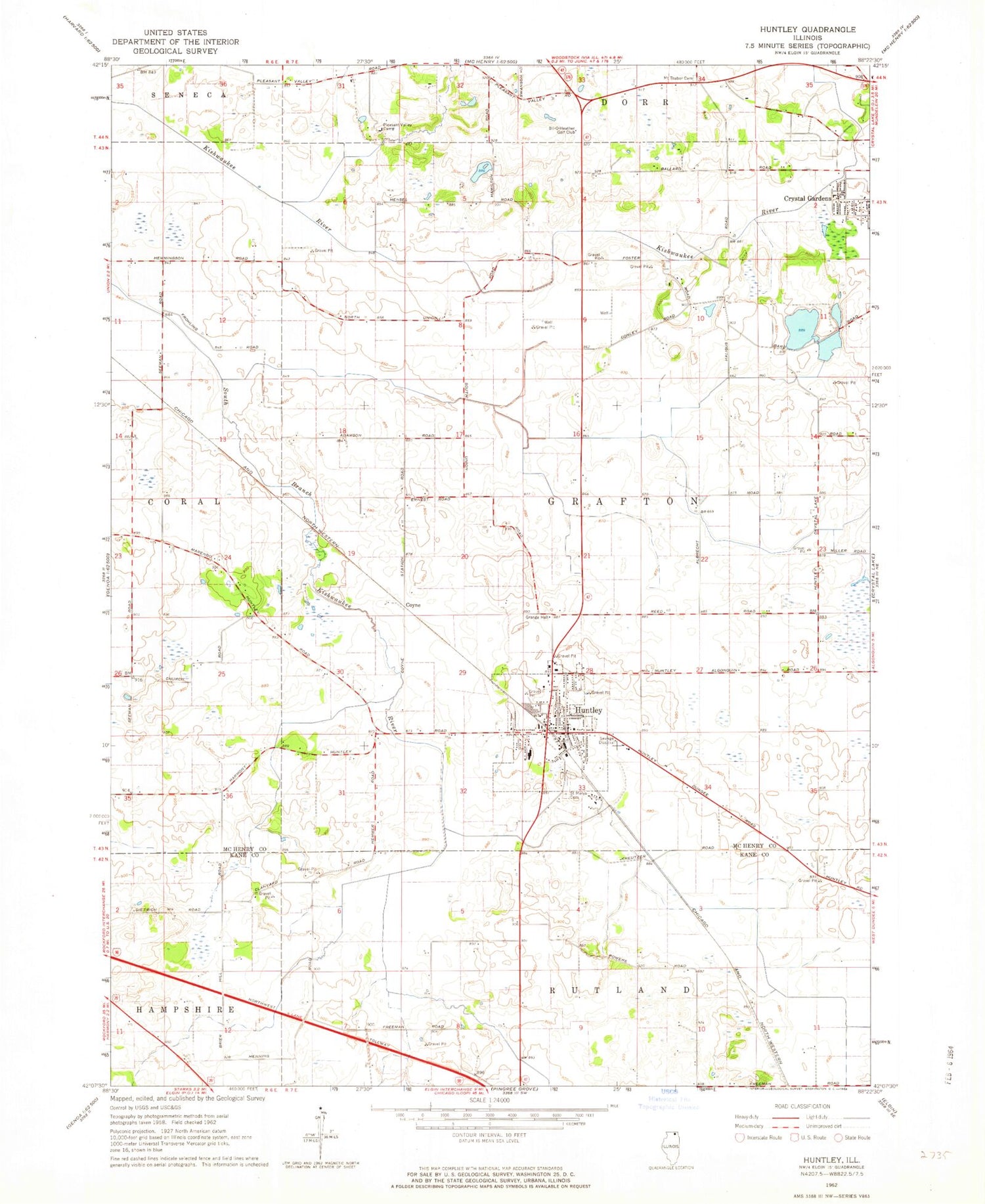 Classic USGS Huntley Illinois 7.5'x7.5' Topo Map Image