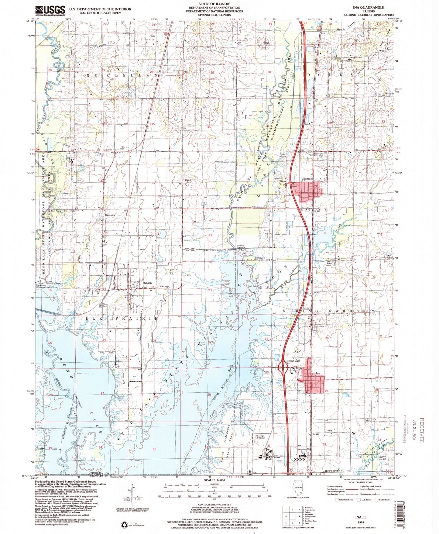 Classic USGS Ina Illinois 7.5'x7.5' Topo Map Image