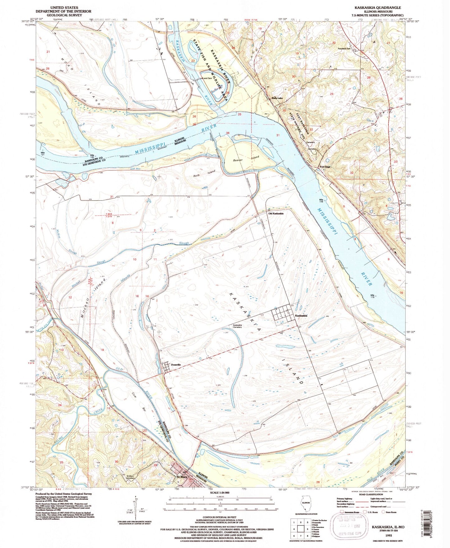 Classic USGS Kaskaskia Illinois 7.5'x7.5' Topo Map Image
