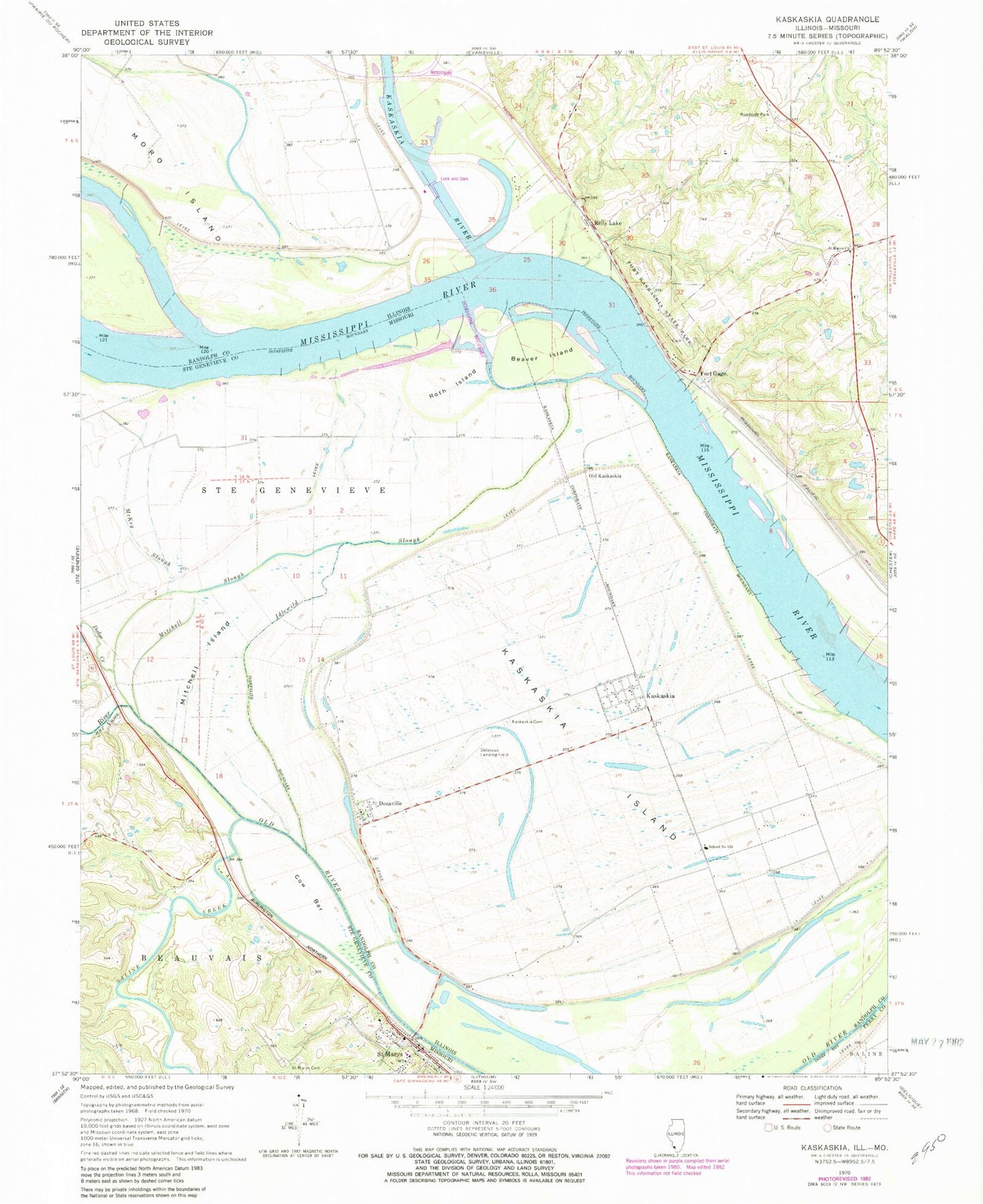 Classic USGS Kaskaskia Illinois 7.5'x7.5' Topo Map Image