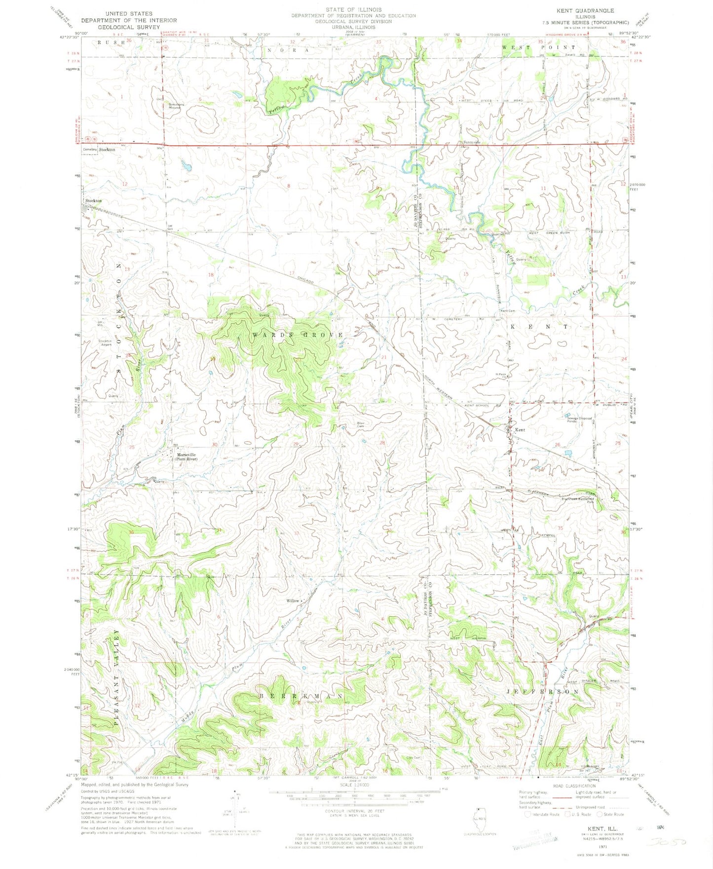 Classic USGS Kent Illinois 7.5'x7.5' Topo Map Image