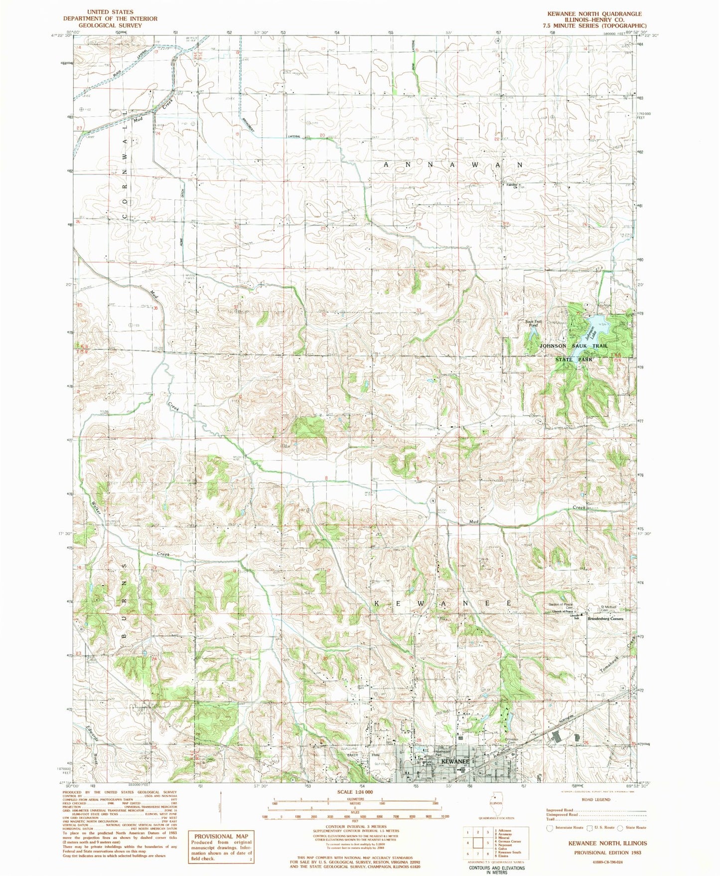 Classic USGS Kewanee North Illinois 7.5'x7.5' Topo Map Image