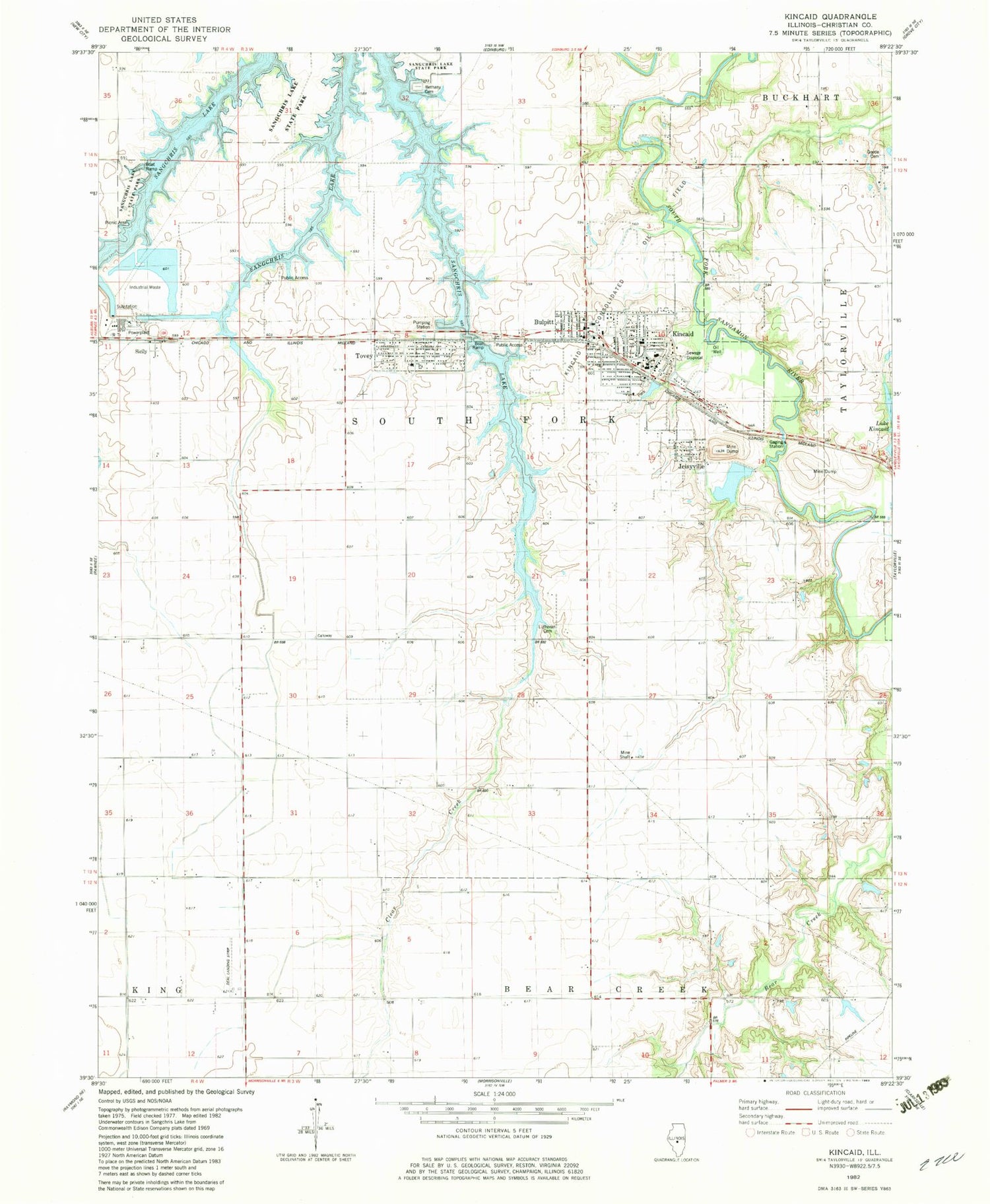 Classic USGS Kincaid Illinois 7.5'x7.5' Topo Map Image