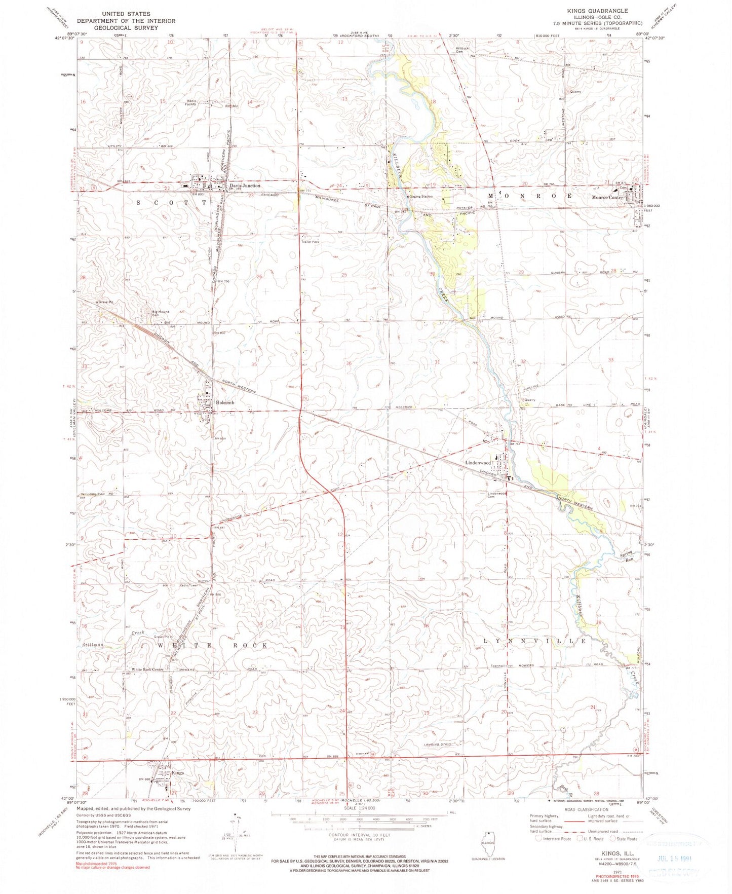 Classic USGS Kings Illinois 7.5'x7.5' Topo Map Image