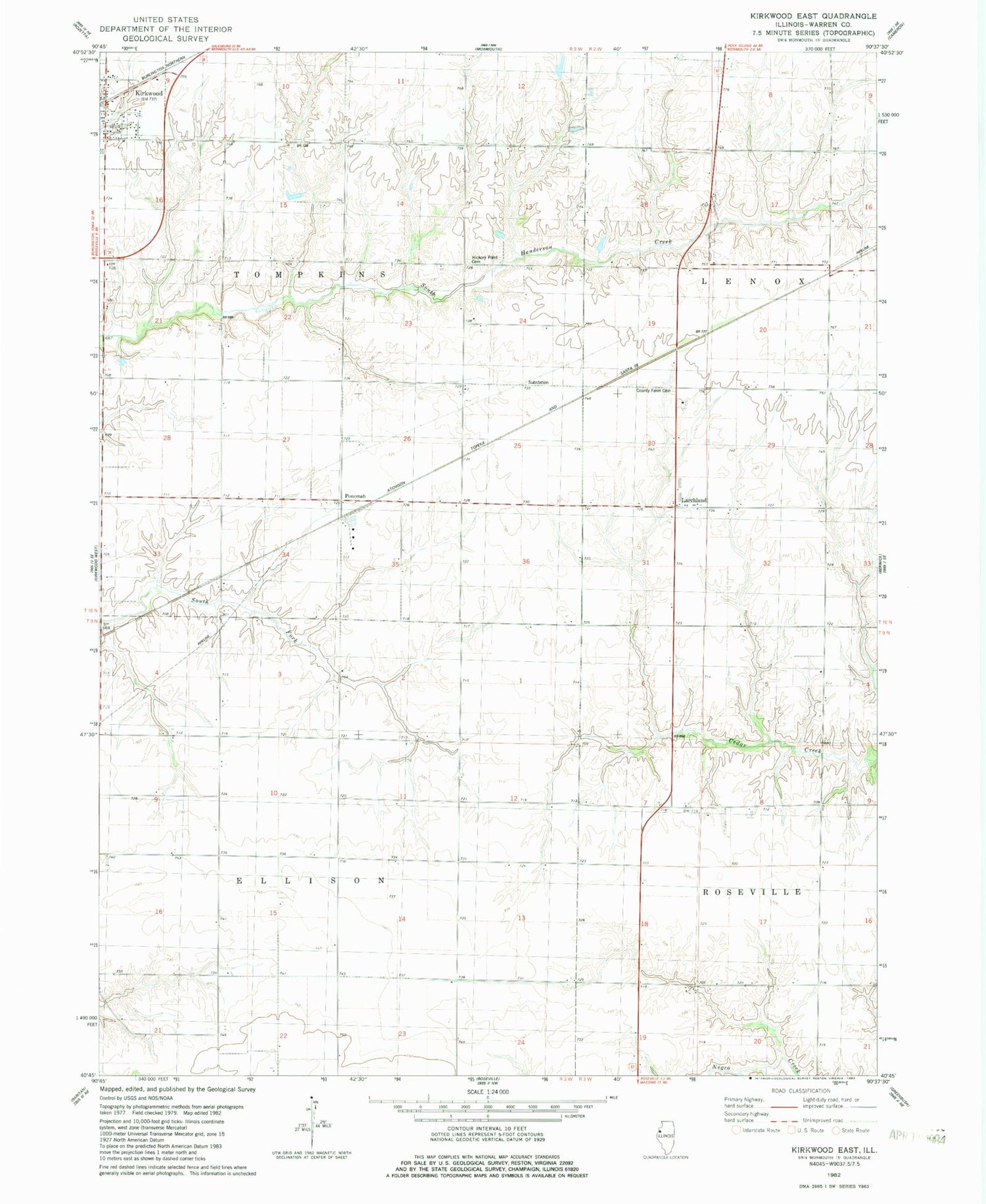 Classic USGS Kirkwood East Illinois 7.5'x7.5' Topo Map Image